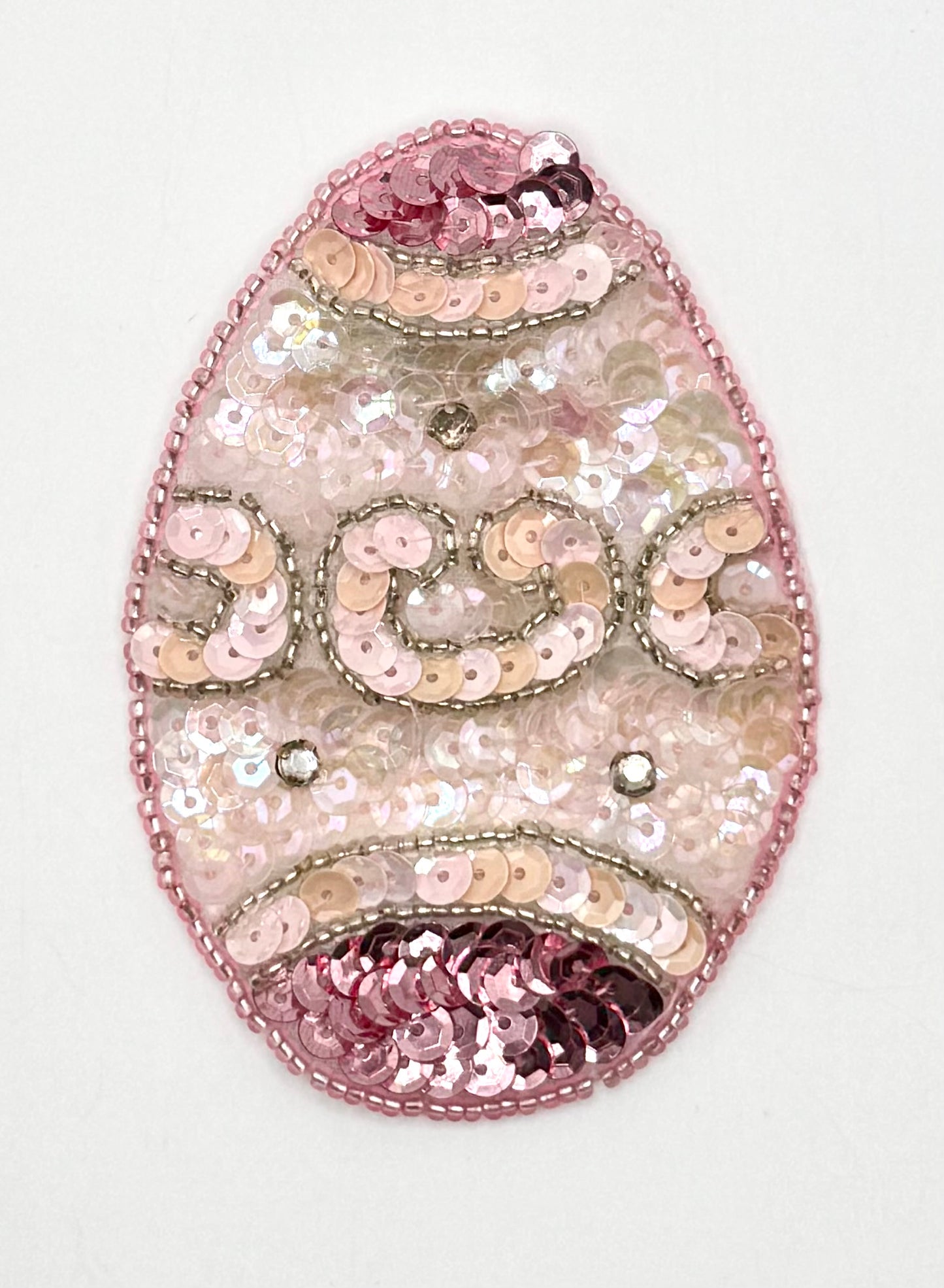 Easter Egg with Pink, Cream and Iridescent Sequins and Beads 3.5" x 2.5"