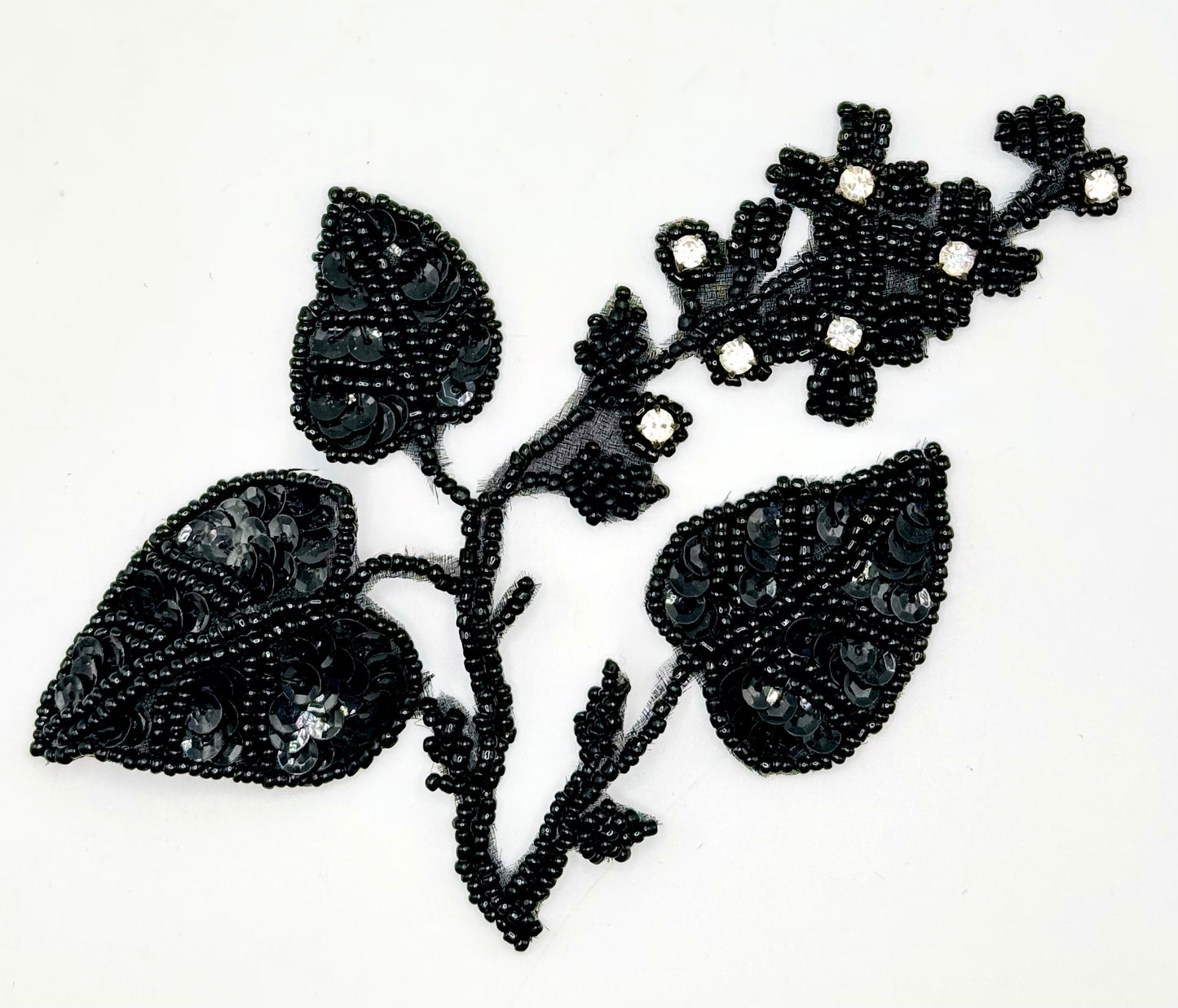 Handmade Vintage Beaded Flower Appliqué with Black Sequins, Beads and Rhinestones 5" x 5.5"
