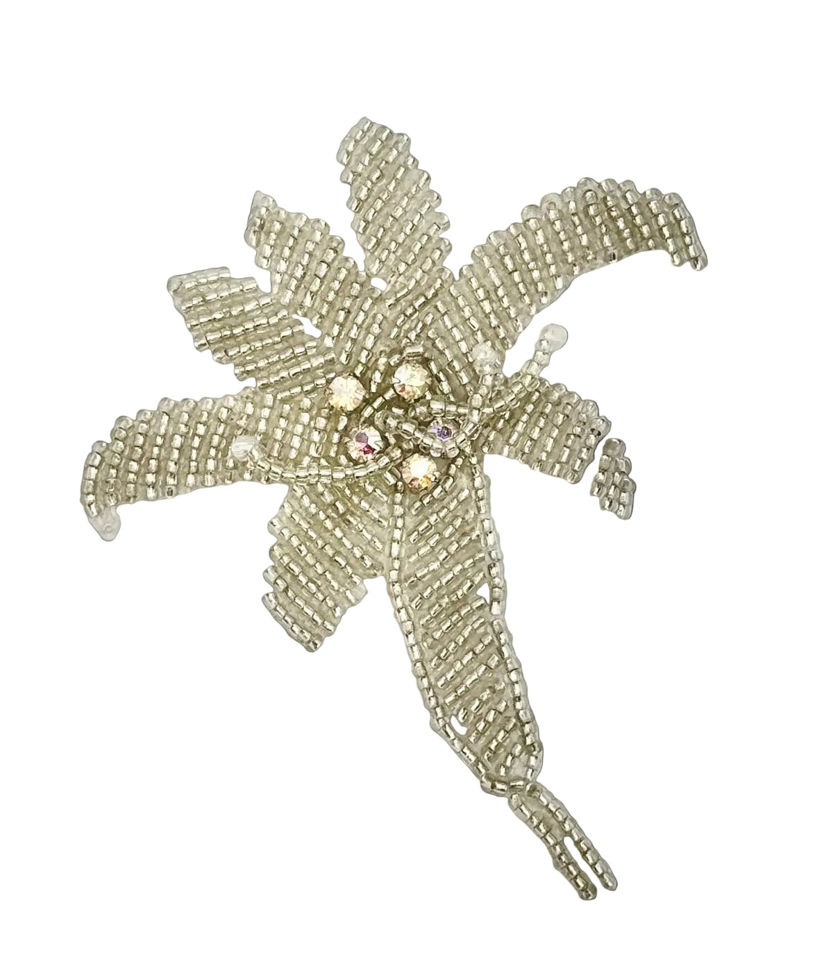 Aplique floral vintage hecho a mano con cuentas plateadas, 5 diamantes de imitación AB y 3 perlas de 3.5" x 3"