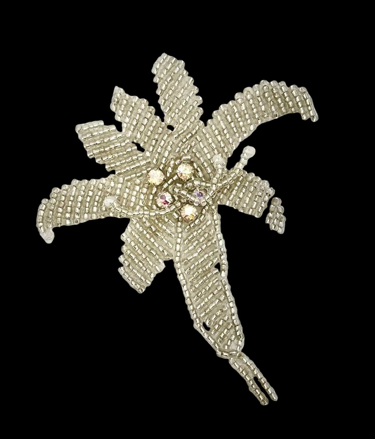 Handmade Vintage Flower Appliqué with silver Beads and 5 AB Rhinestones and 3 Pearls 3.5" x 3"