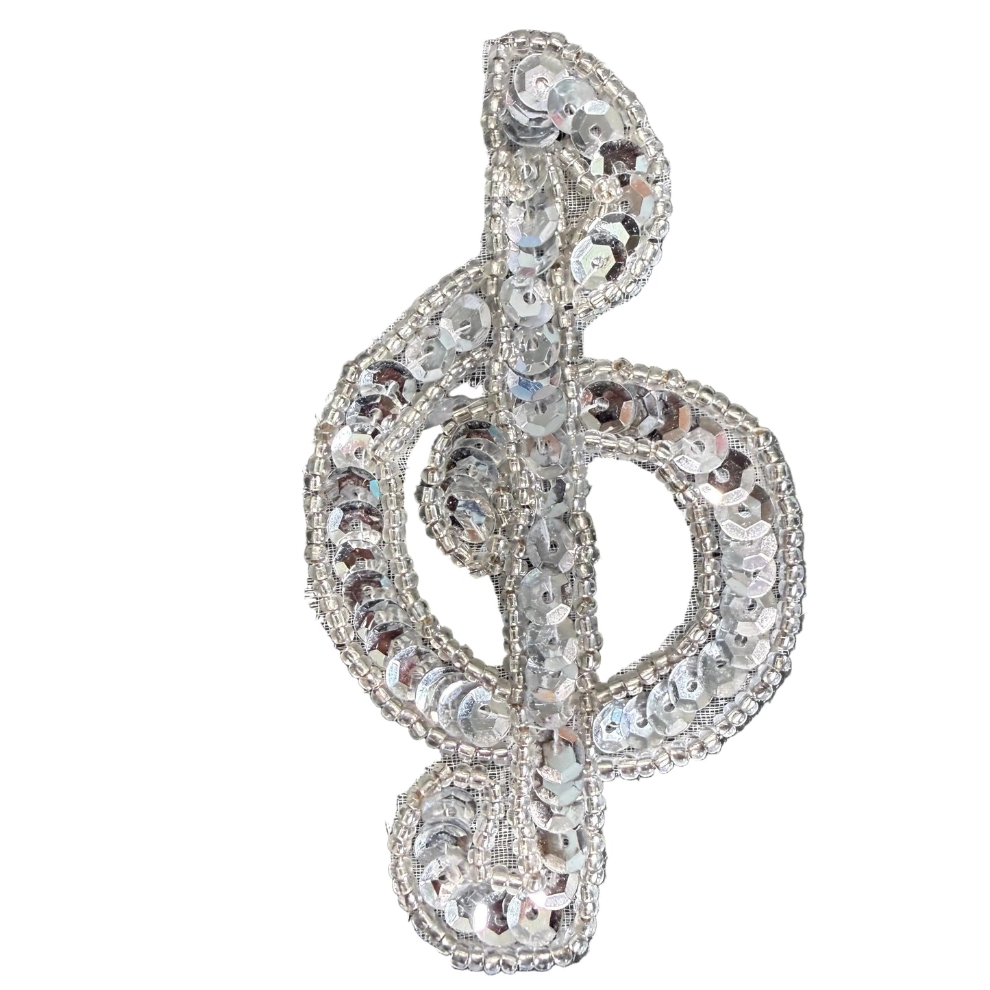 Musical Treble Clef Appliqué - Silver Sequins - Glass Beads 3.5" x 2"