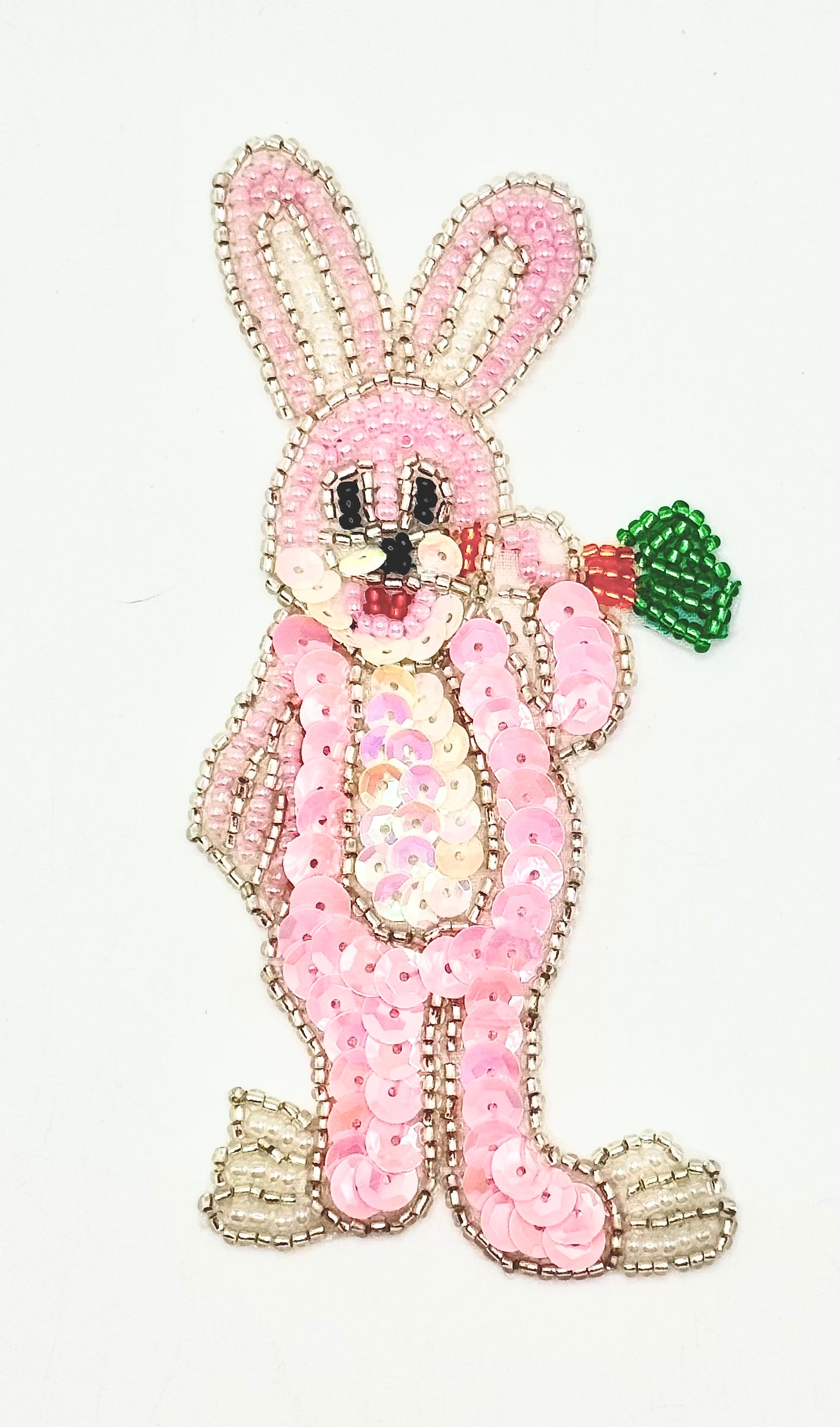 Pink and White Handmade Easter Rabbit Appliqué with a Carrot Sequins and Beaded 5" x 2.5"