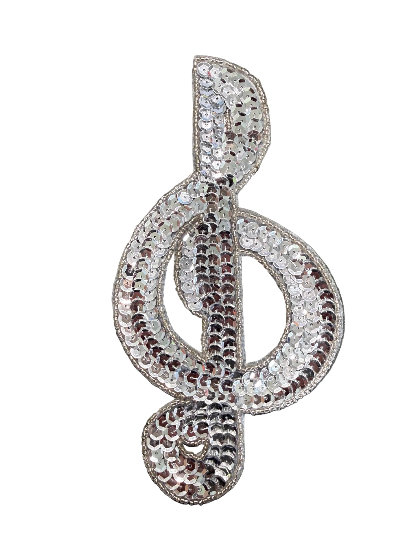 Musical Treble Clef Appliqué - Silver Sequins - Glass Beads 7.25" x 4"