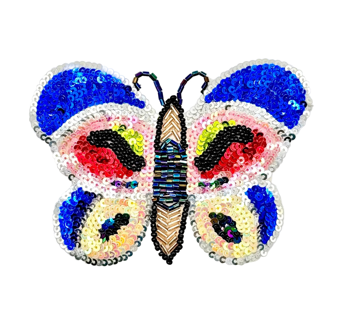 Colorful butterfly-shaped beaded design on a white background