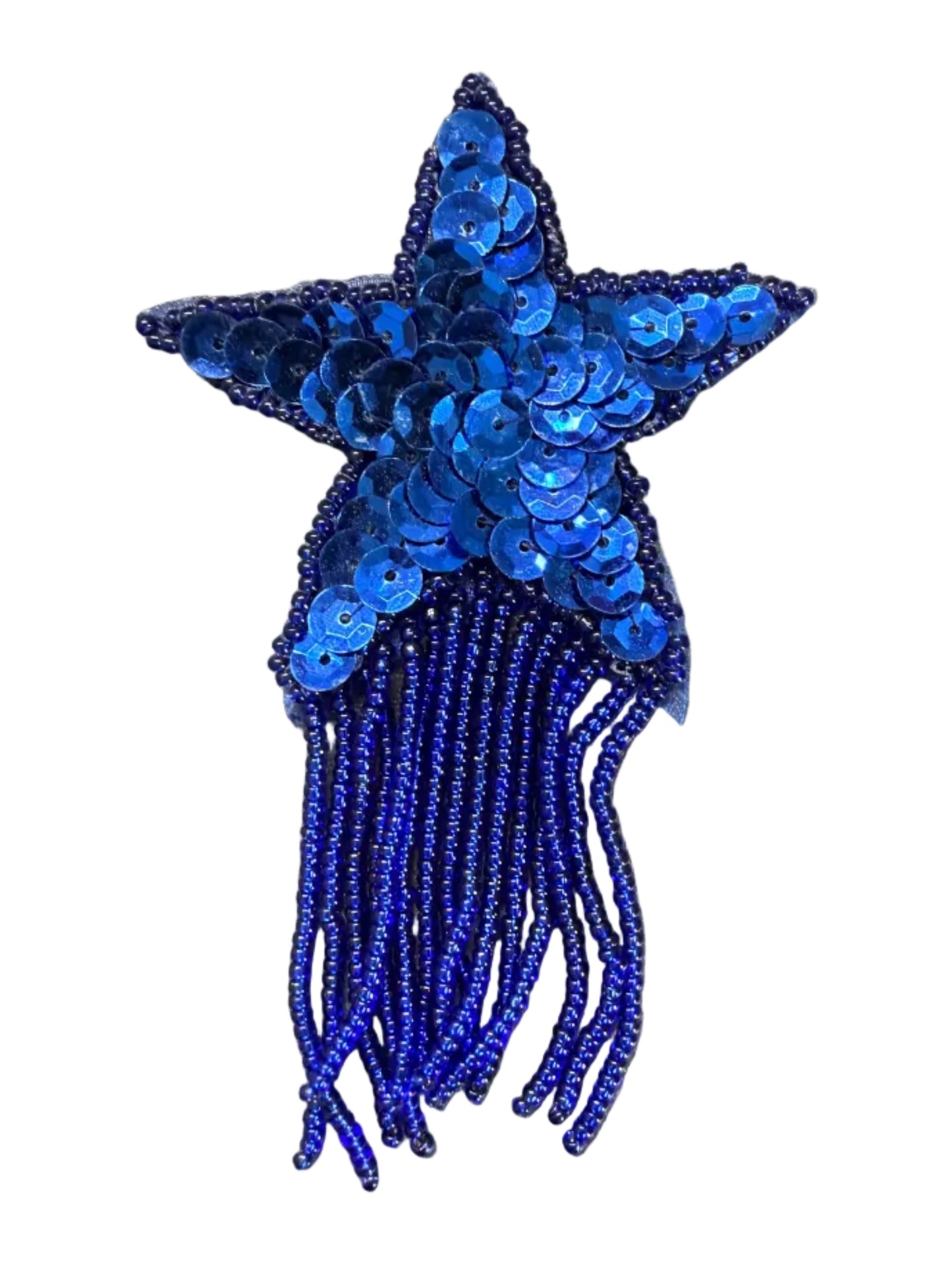 Star Appliqué with Fringe - Royal Blue Sequins - Glass Beads - Choice of Pre-Glued Backing or Regular Backing 4.25" x 2.5”