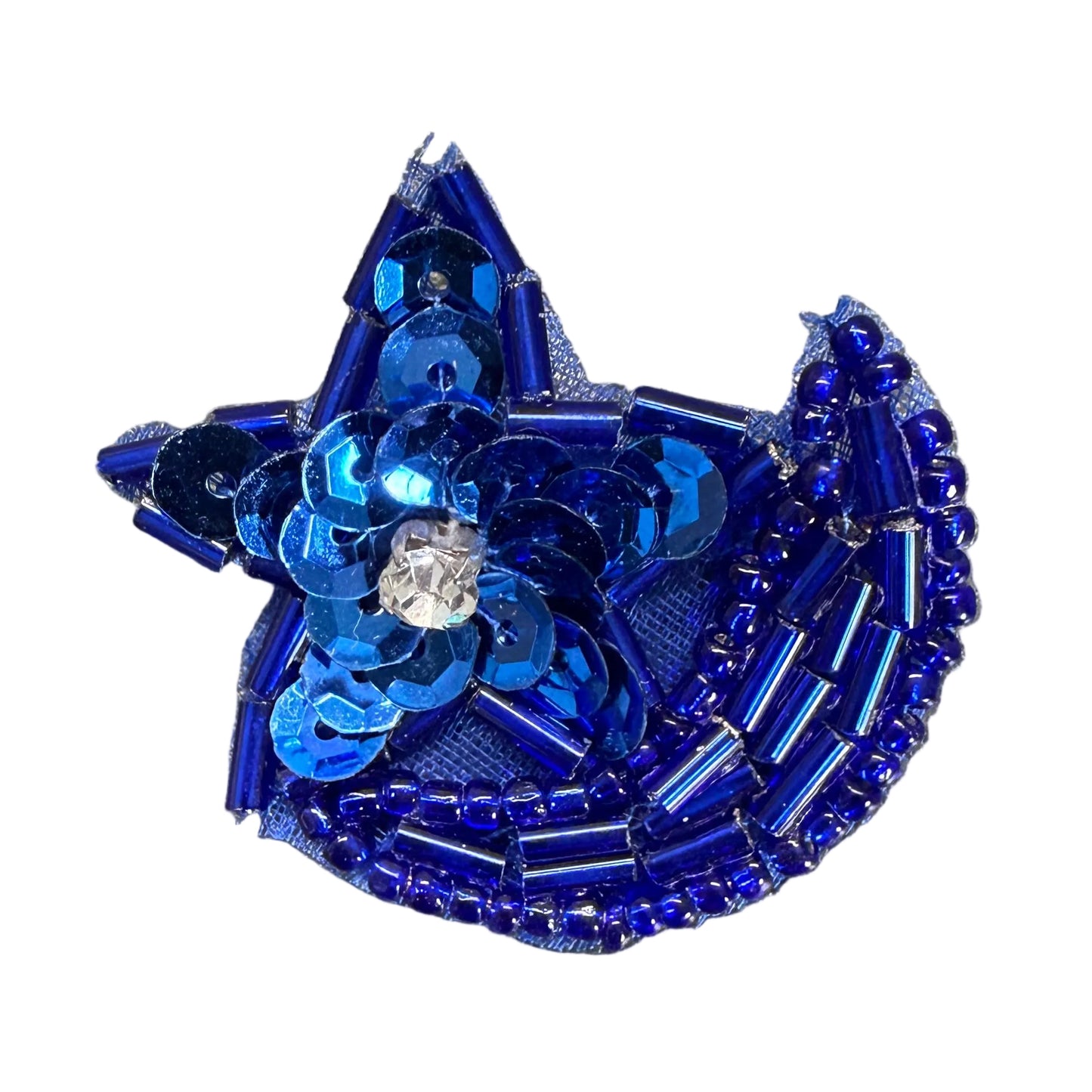Star Half Moon Appliqué - Royal Blue Sequins - Glass Beads - Rhinestone 1.25"