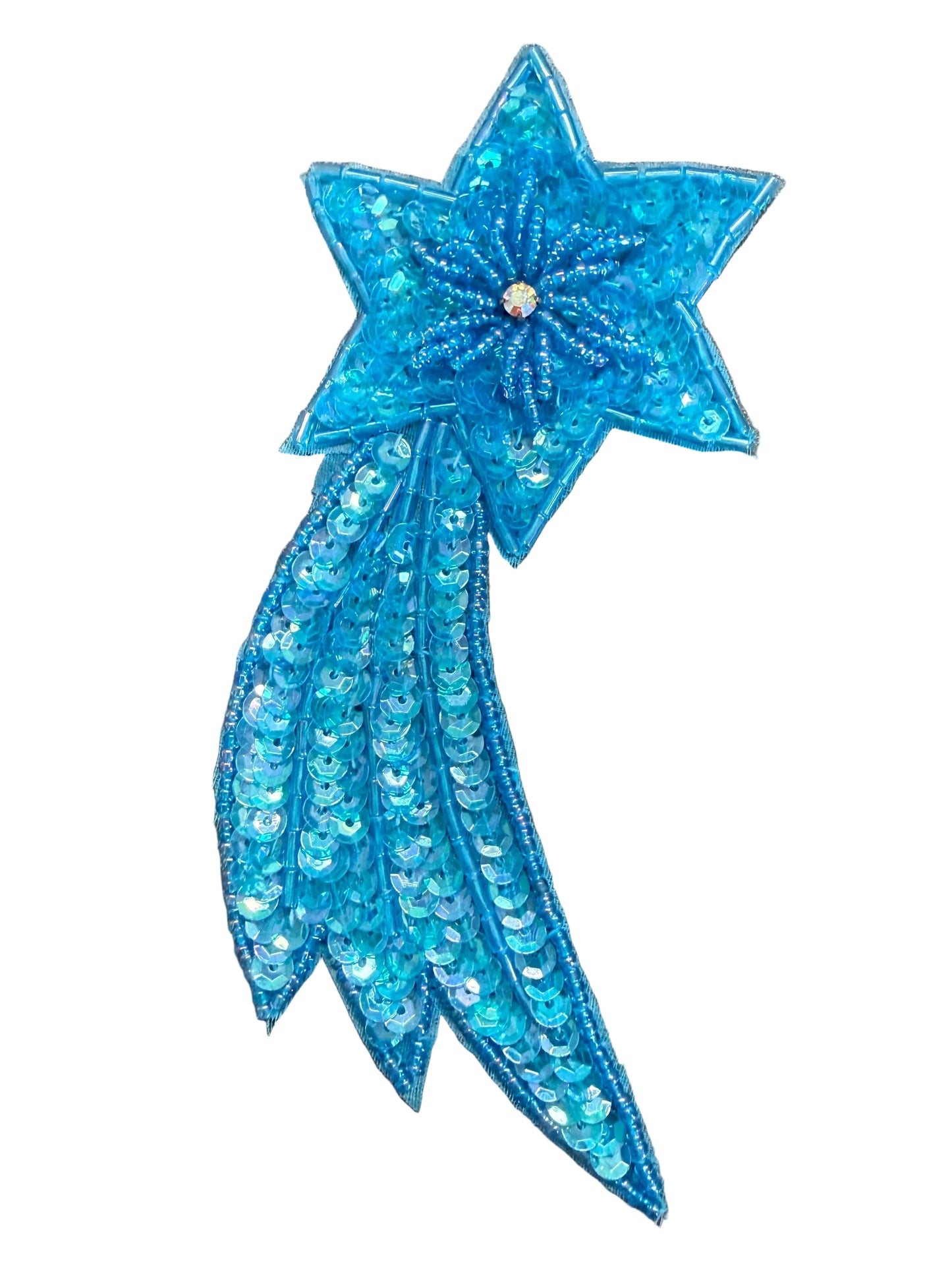 Estrella fugaz con lentejuelas y cuentas de color turquesa oscuro y pedrería AB de 14 cm x 7,6 cm