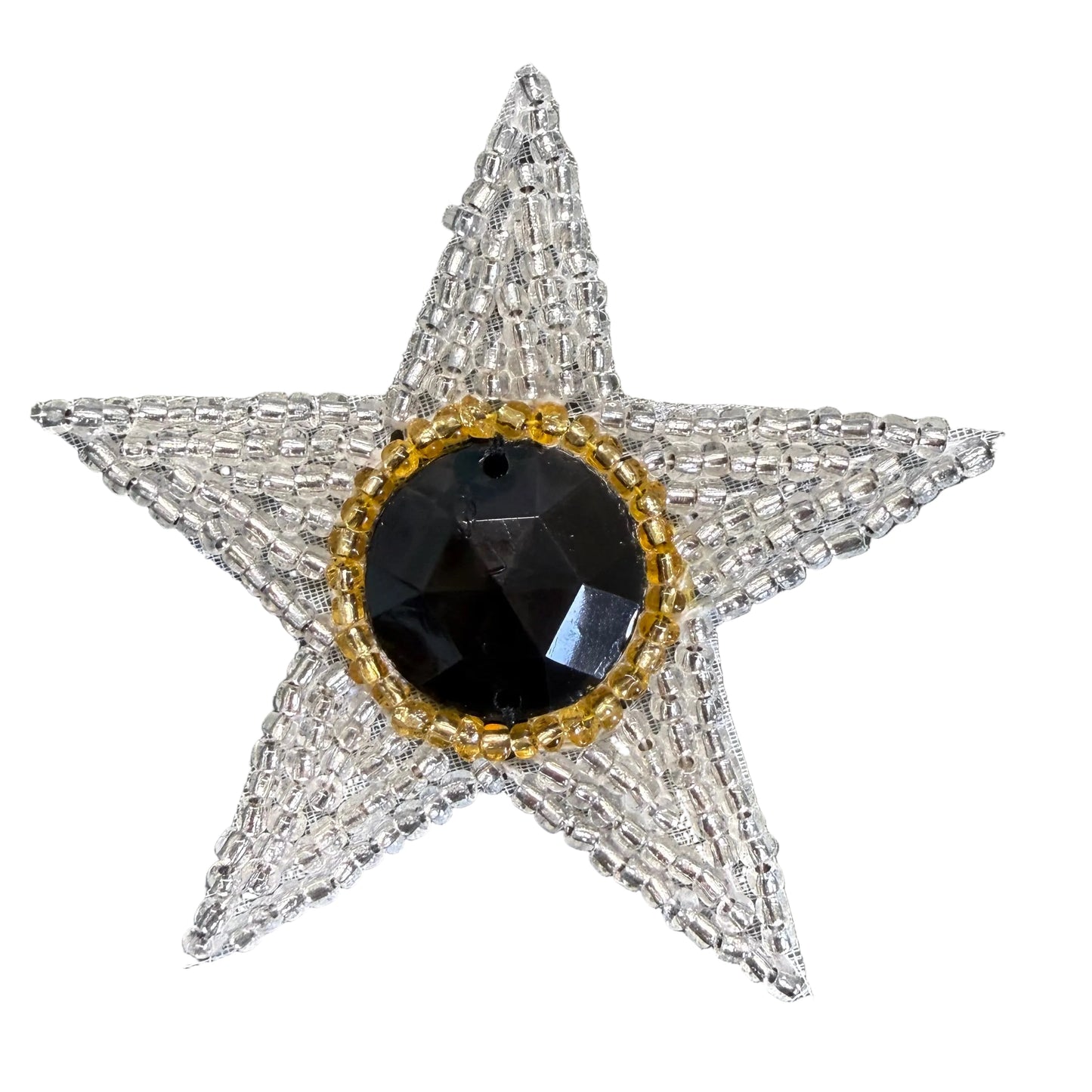 Star Appliqué - Silver & Gold Glass Beads - Black Center Stone 2.25"
