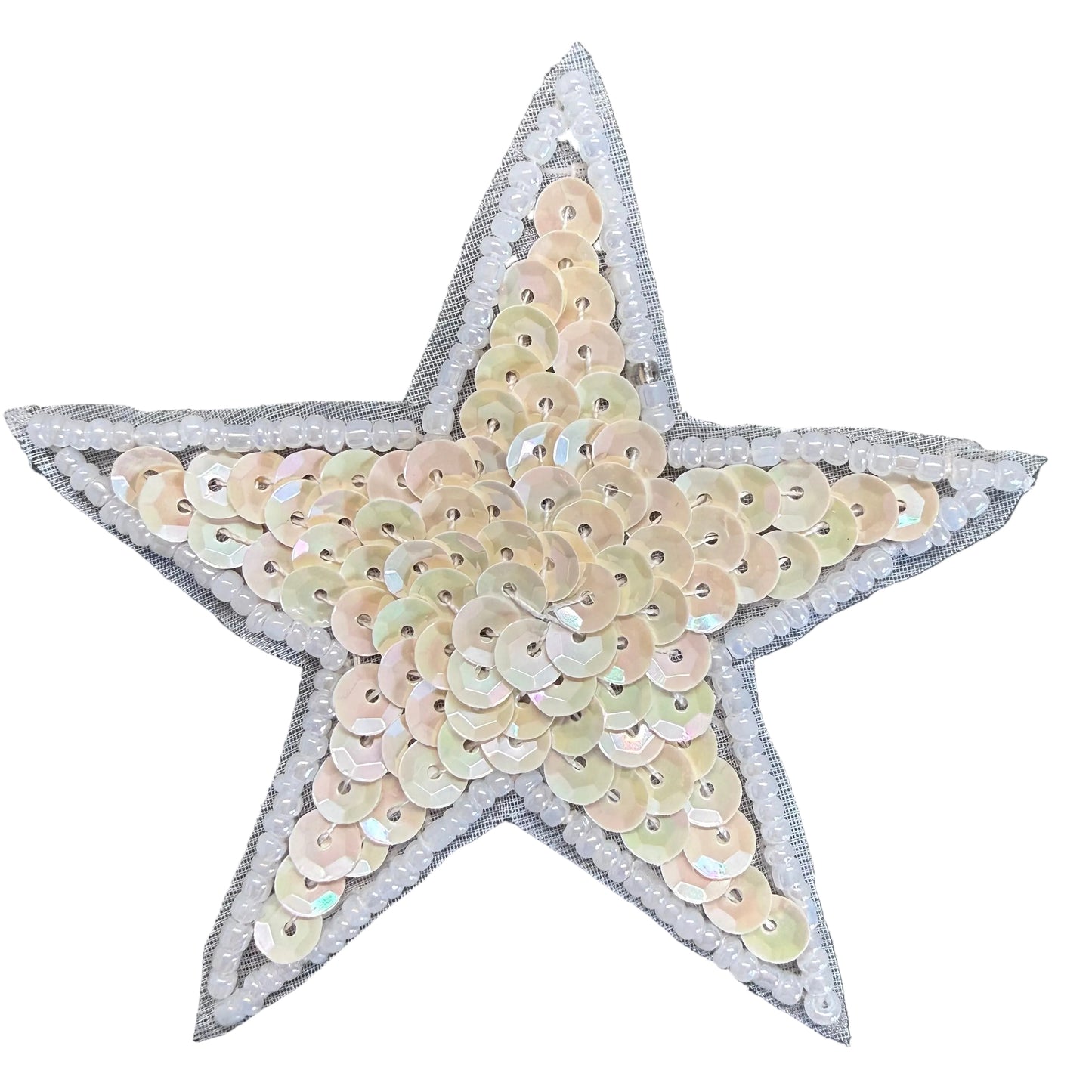 Star Appliqué - Iridescent Cream Sequins - White Glass Beads 3"