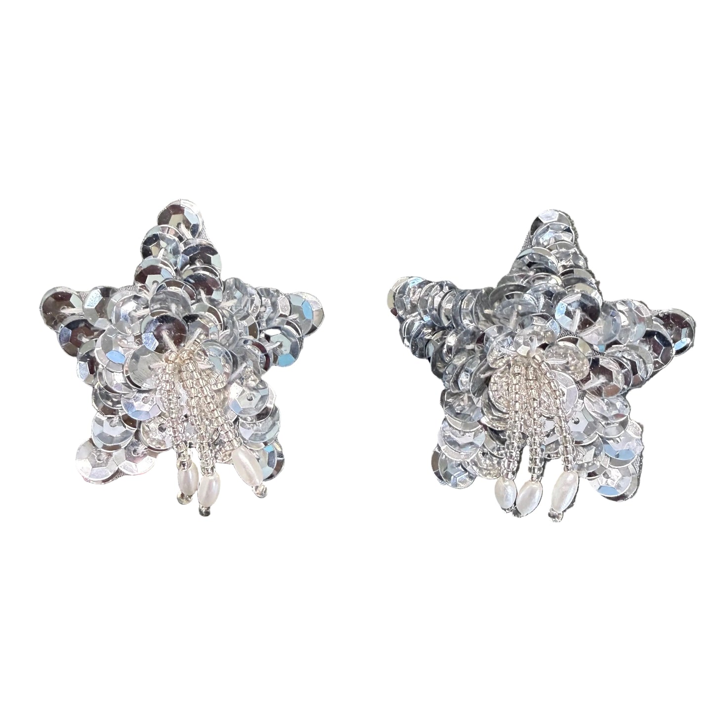 Star Appliqué Pair - Silver Sequins - Beaded Fringe - Pearls 1.75"