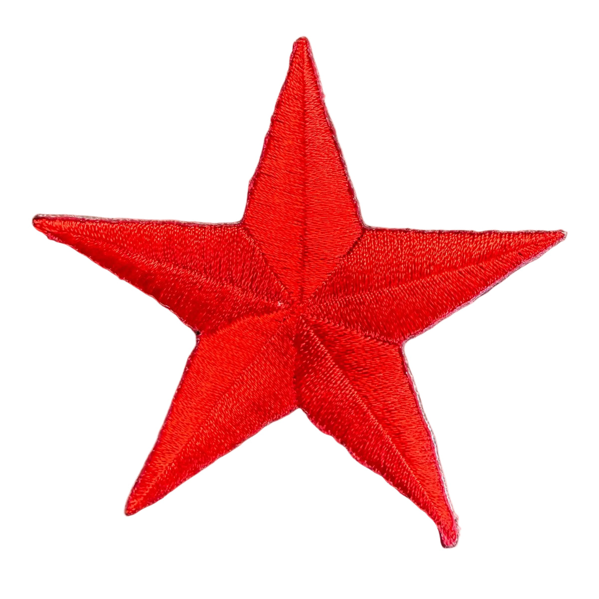 A bright red embroidered five-pointed star patch on a solid white background.