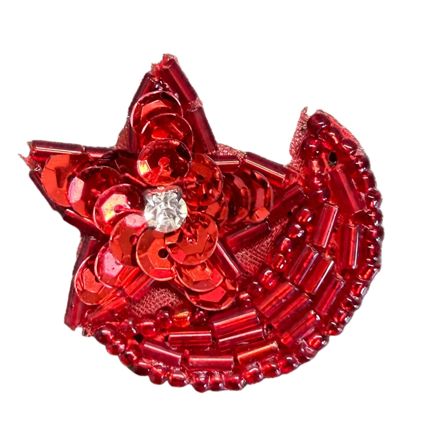 Star with Half Moon - Red Sequin - Glass and Bugle Beads - Center Rhinestone 1.25"