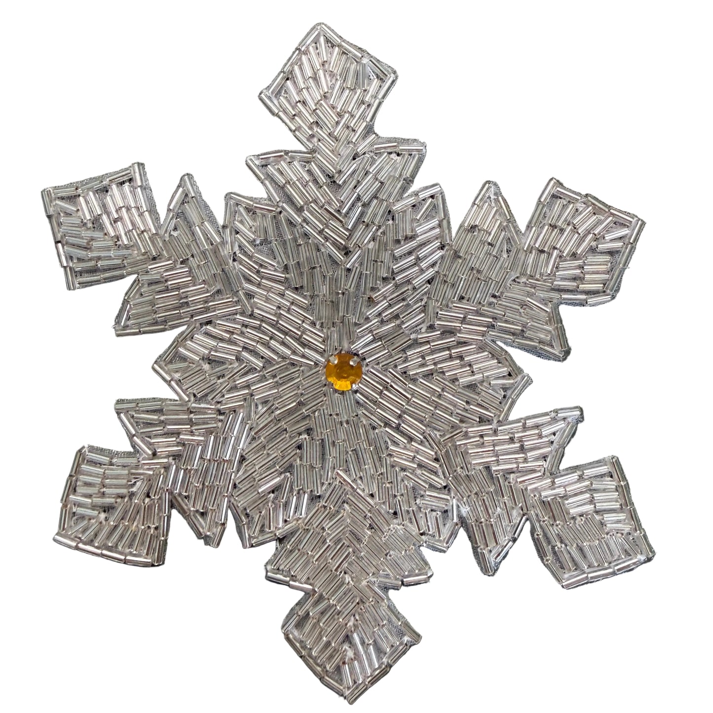 Snowflake with Silver Bugle Beads and a Rhinestone Center - 5" x 5"