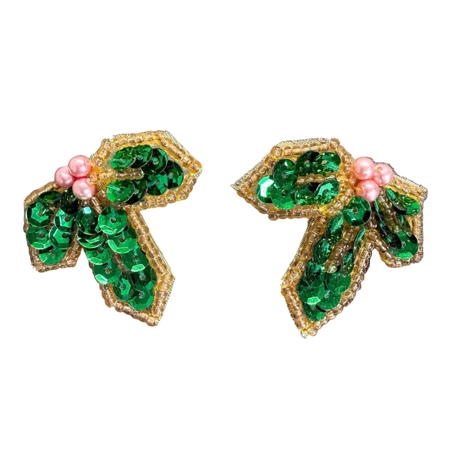 Christmas Holly Earring Appliqué Pair - Green Sequins - Pink Pearl Berries 1.5"