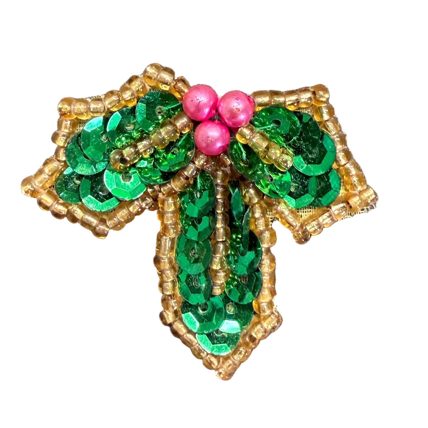 Christmas Holly Appliqué - Green Sequins - Pink Pearl Berries 1.5"