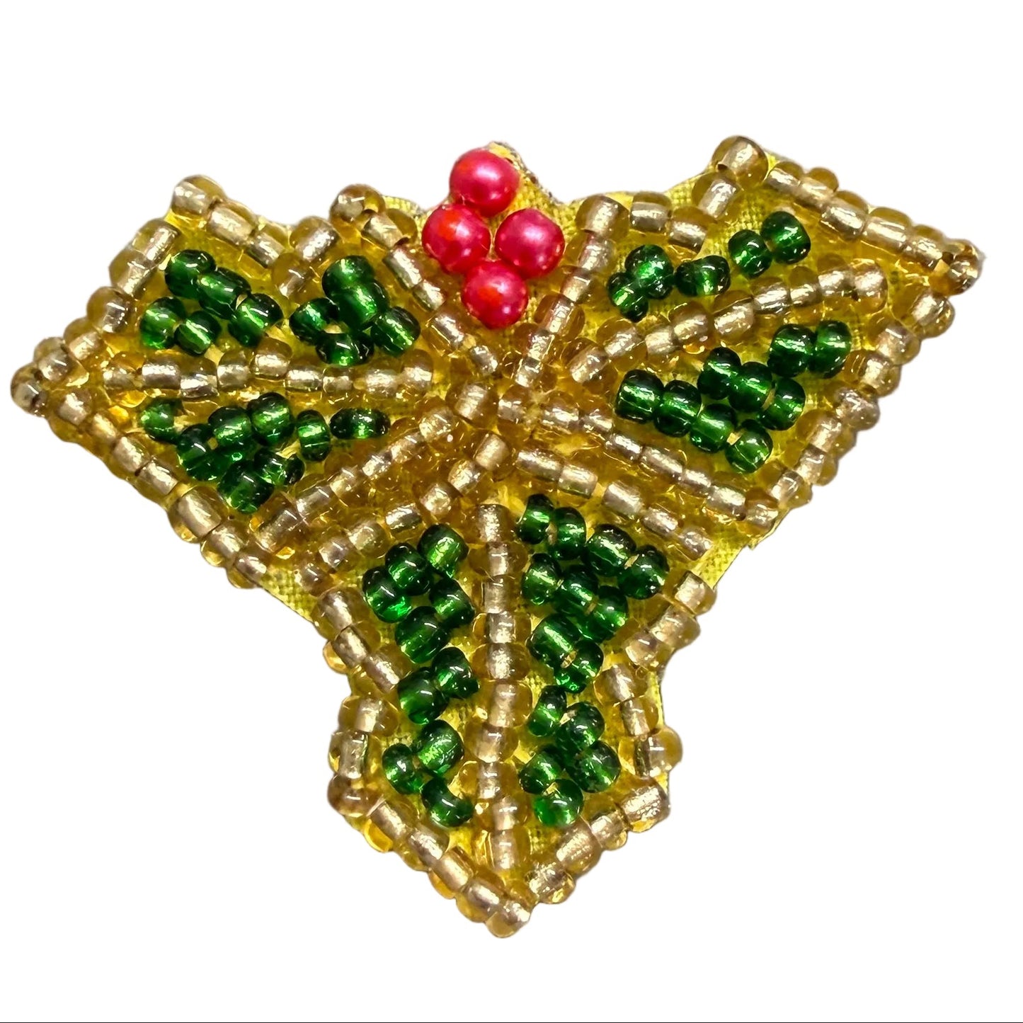 Christmas Holly Appliqué - Gold & Green Glass Beads - Red Pearl Berries 1.5" x 1.25"