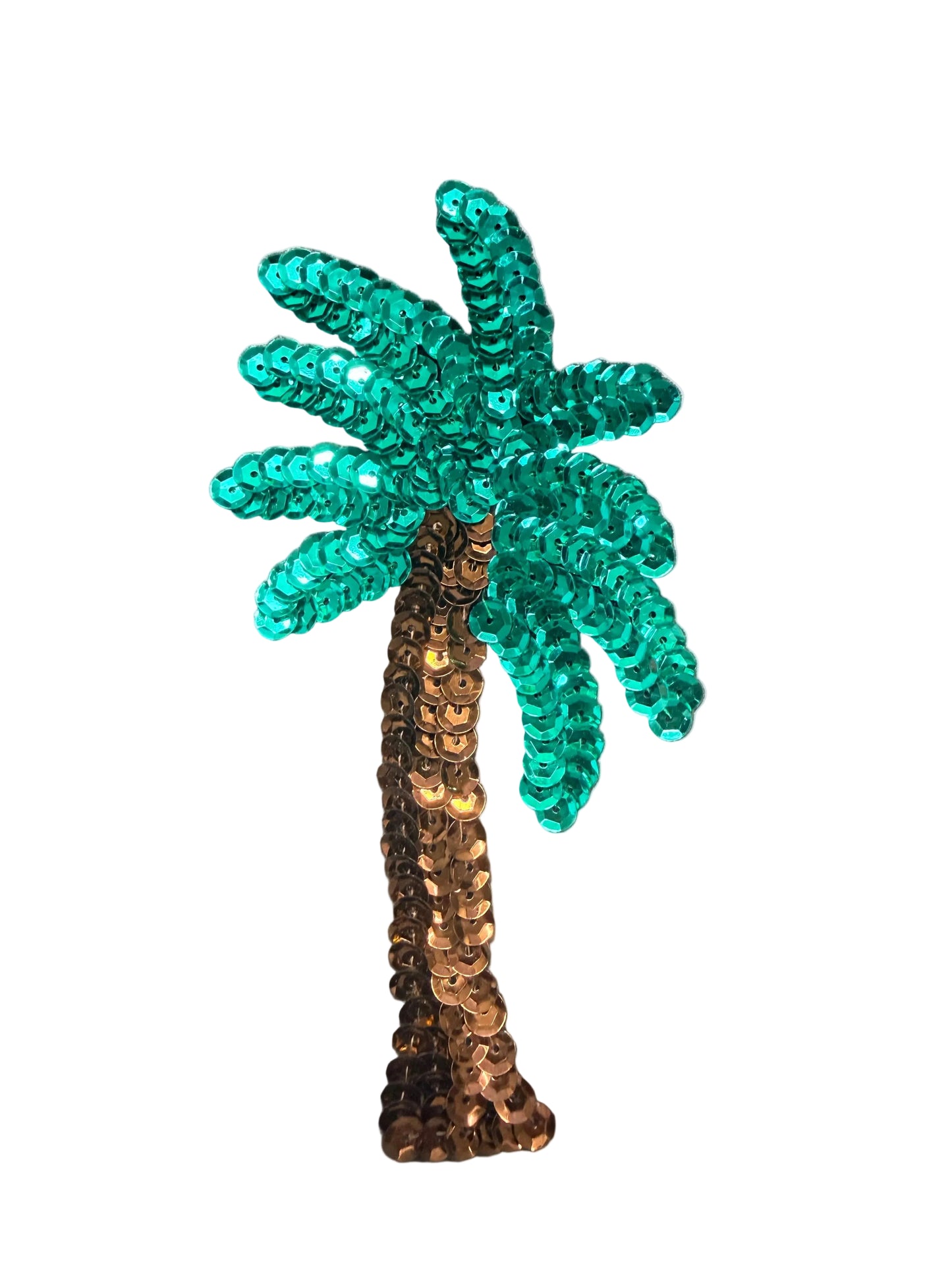 A sequined palm tree embellishment with a green sequin canopy and a brown sequin trunk, placed on a white background.