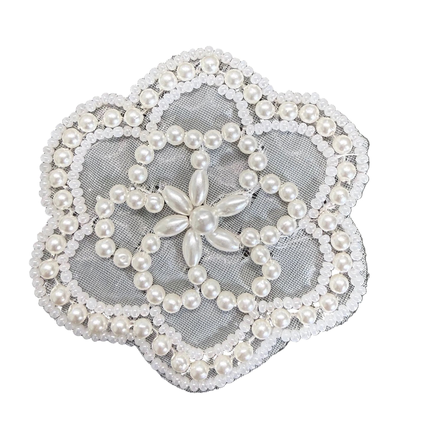 Flower Appliqué - White Faux Pearls & Glass Beads 2.75"