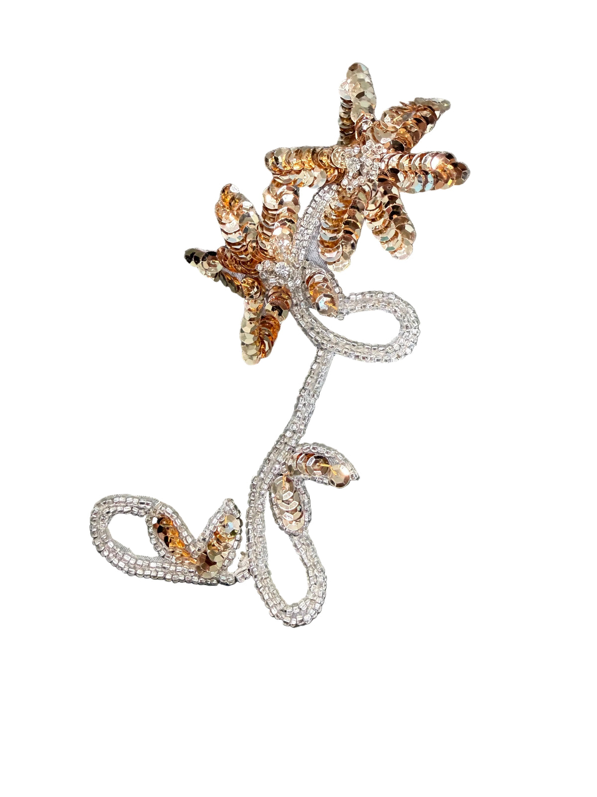 Flower Pair or Single Appliqué - Champagne Gold Sequins - Silver Glass Beads - Rhinestones 8" x 3"