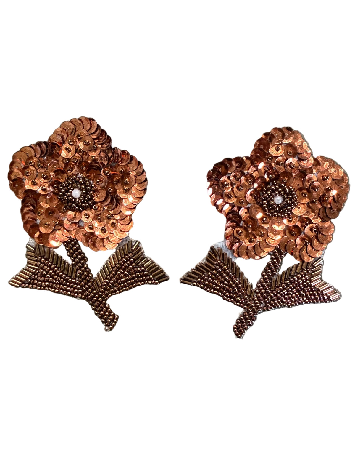Bronze Sequin Rose Appliqué Pair - Copper Sequins, Dark Bead Stem & Pearl Center 3.5" x 3"