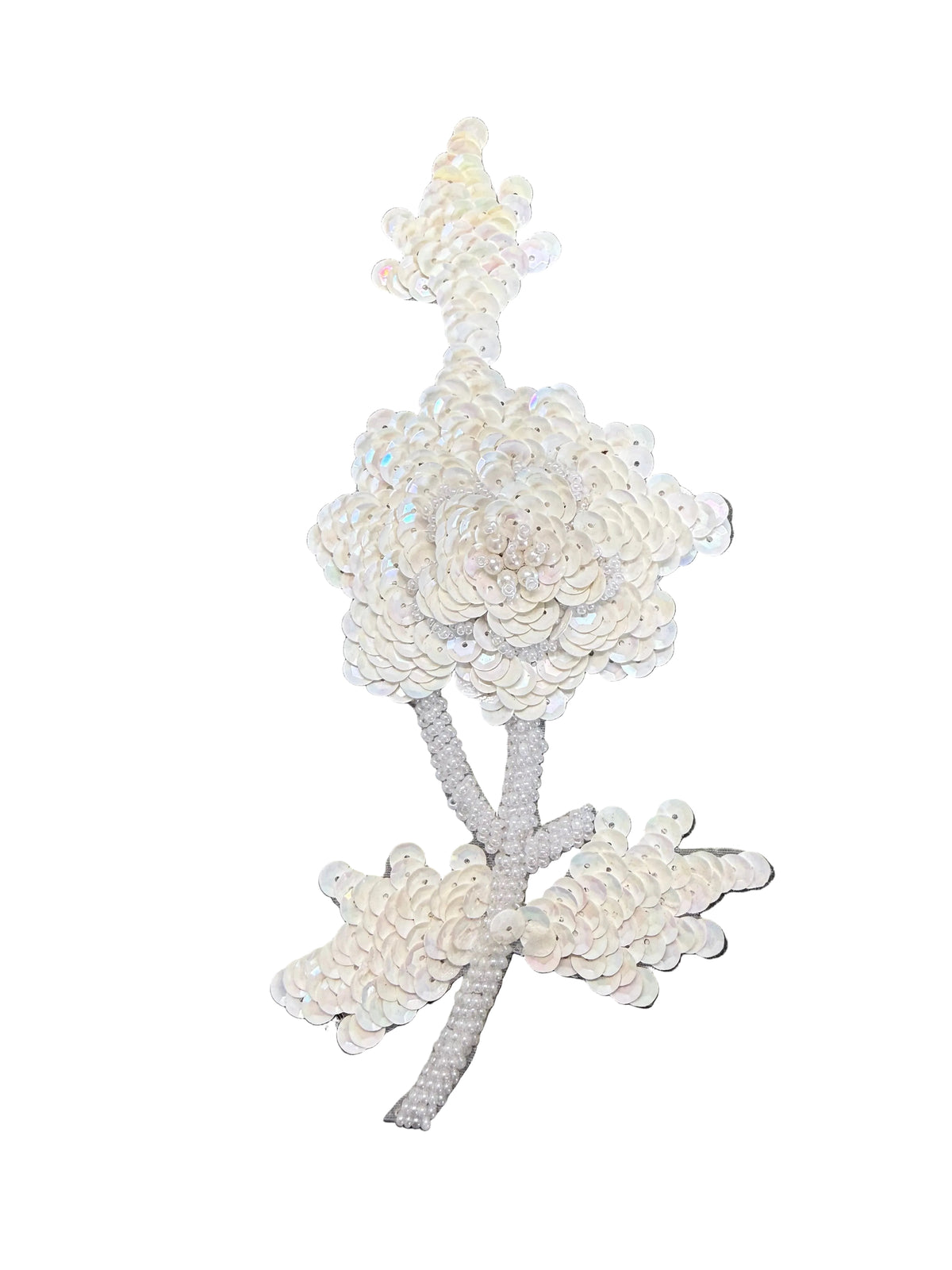 Floral Appliqué – Ivory or Off-White Sequins & Silver Glass Beads | 7" × 4"