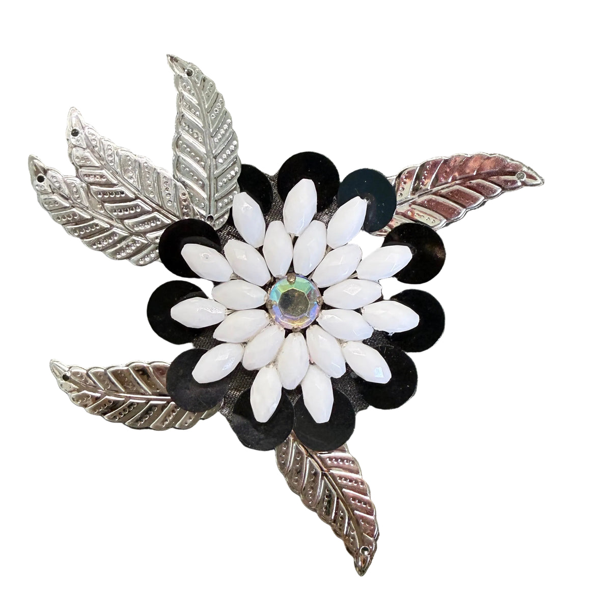 White Flower Appliqué with Black Sequins, Silver Leaf, White Beads & Rhinestones – 3" × 3"
