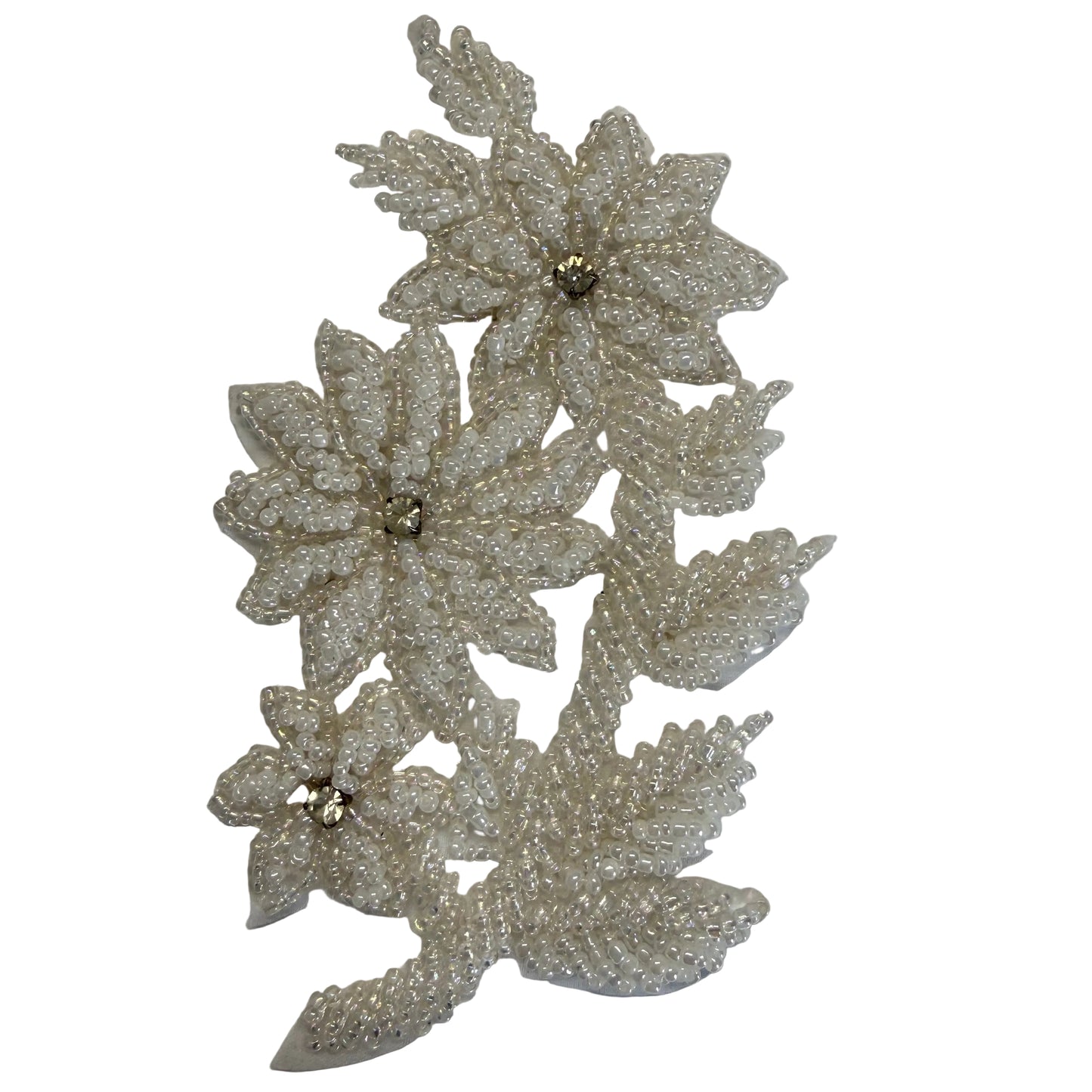 Beaded Floral Appliqué – White Glass Beads & Rhinestone Center 5" x 3"
