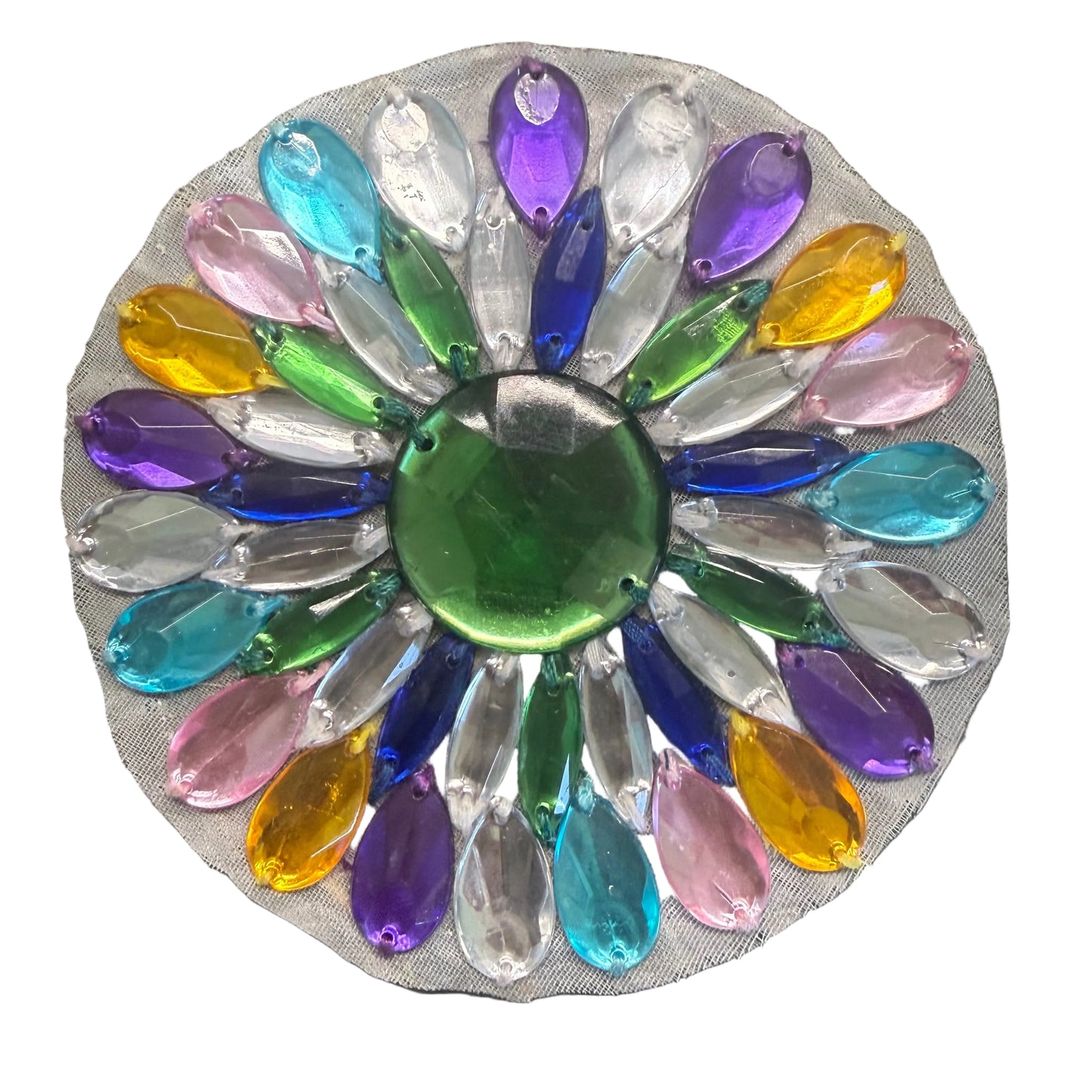 Round Multicolor Rhinestone Flower Appliqué – Rainbow Teardrop Petals 3.5"