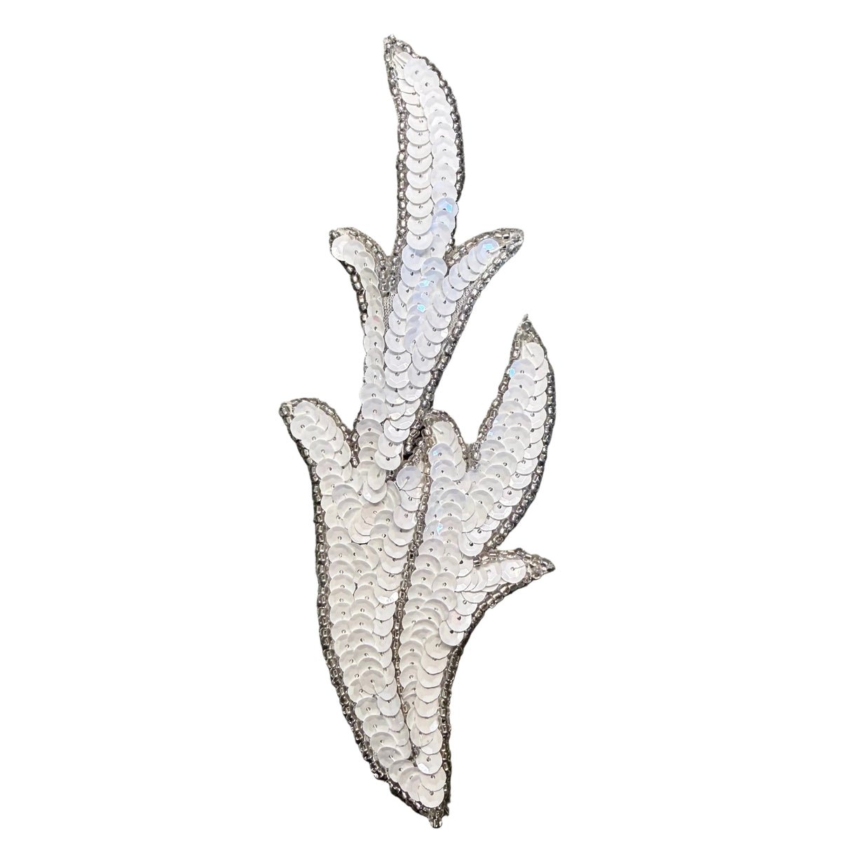 Leaf Appliqué - White Sequins - Silver Beads 7" x 2.5"