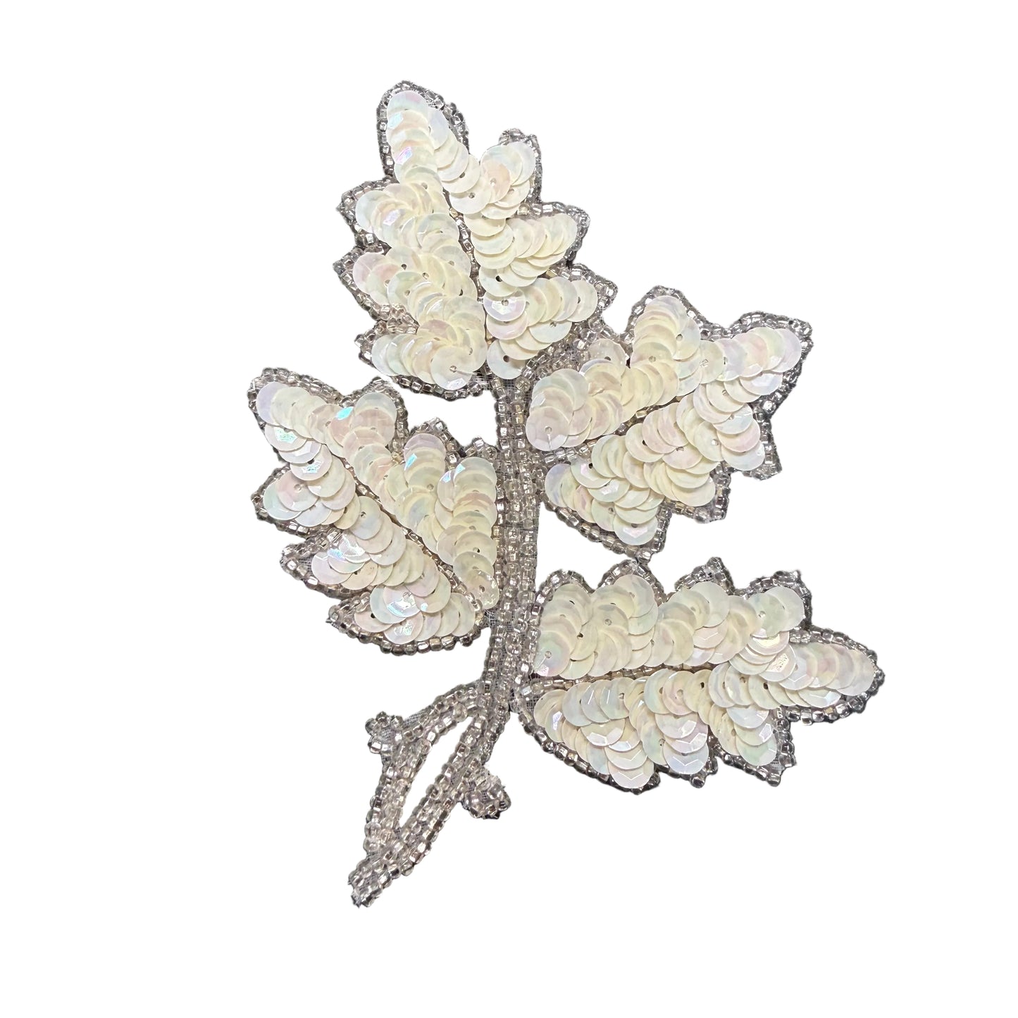 Leaf Appliqué - Off Ivory Sequins - Silver Beads 4.5" x 4.25"