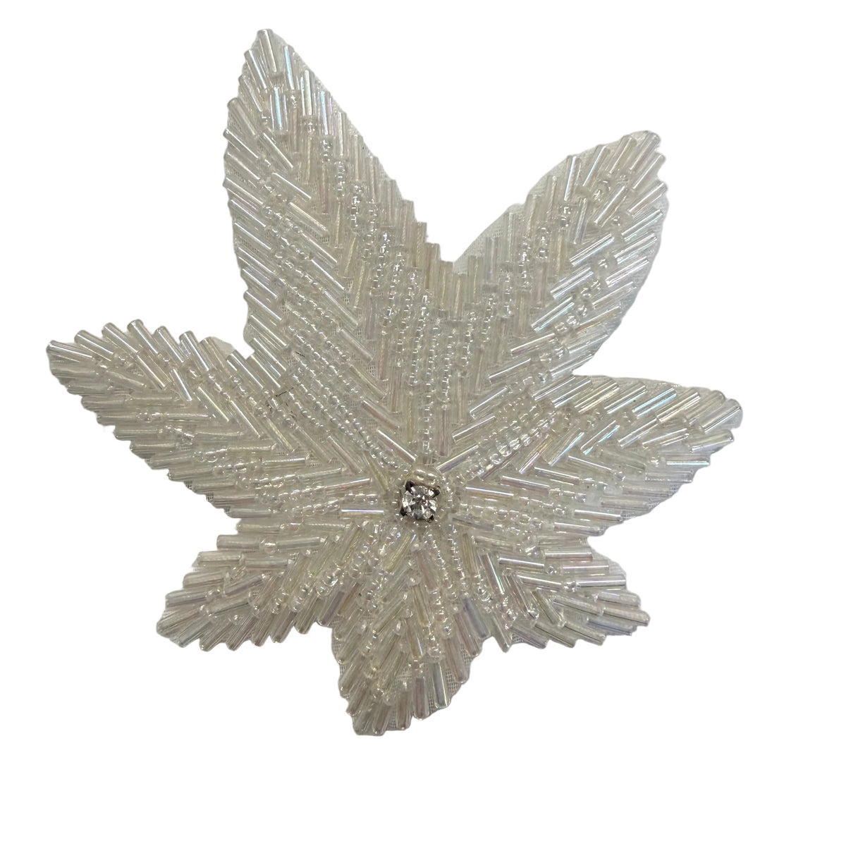 Leaf Appliqué – White Iridescent Bugle & Glass Beads – Center Rhinestone – 3.75" x 3.25"