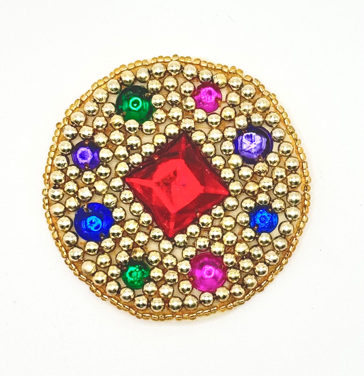 Designer Motif Circle Appliqué with Gold Beads and Multi-Color Gems 2.5"