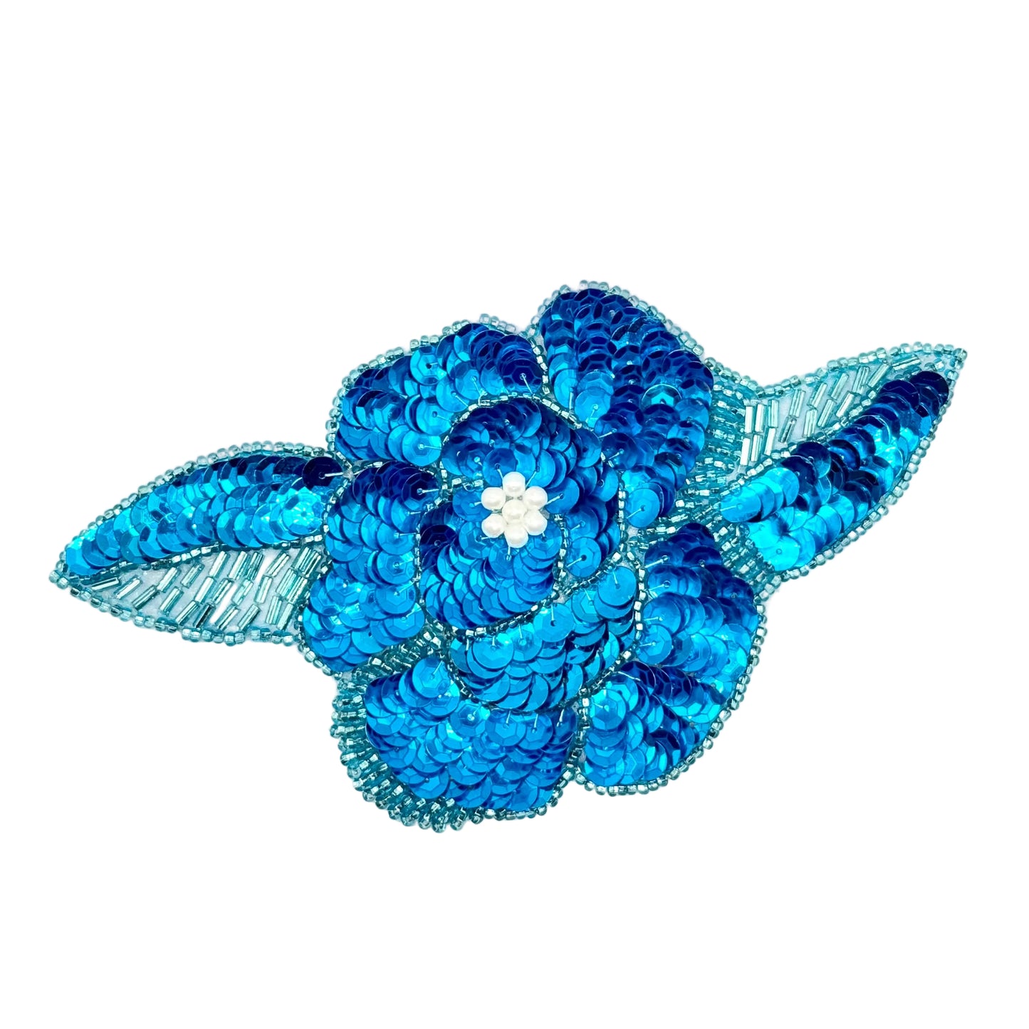 Flower Appliqué Handmade with Turquoise Sequins and Beads with Pearl Center 6" x 3"