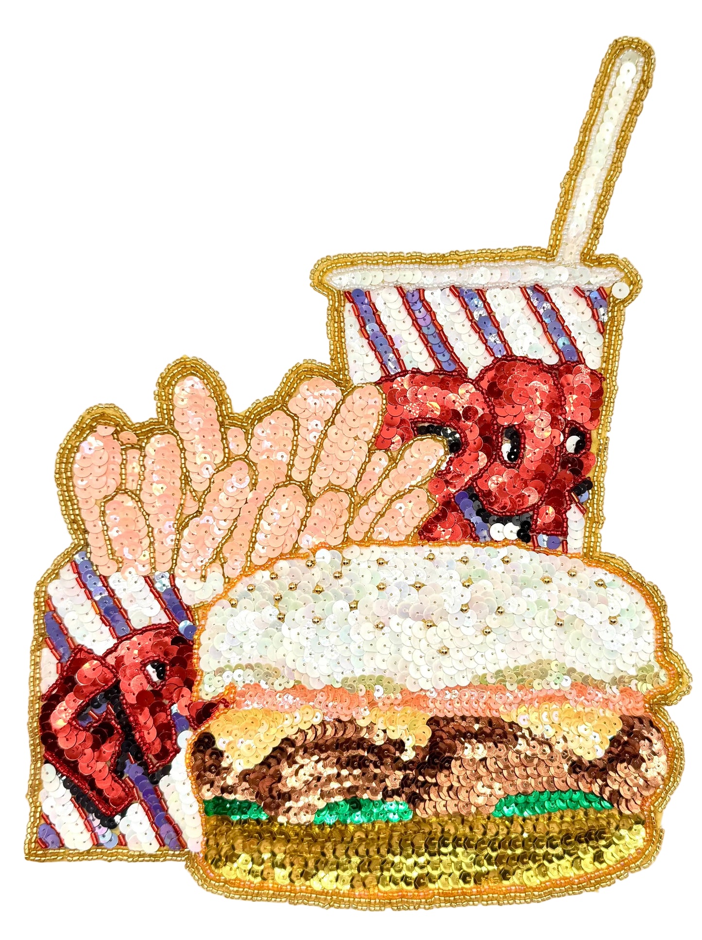 Large Hamburger Fries and Soda Appliqué -Multicolored Sequins - Glass Beads 12.5" x 9"