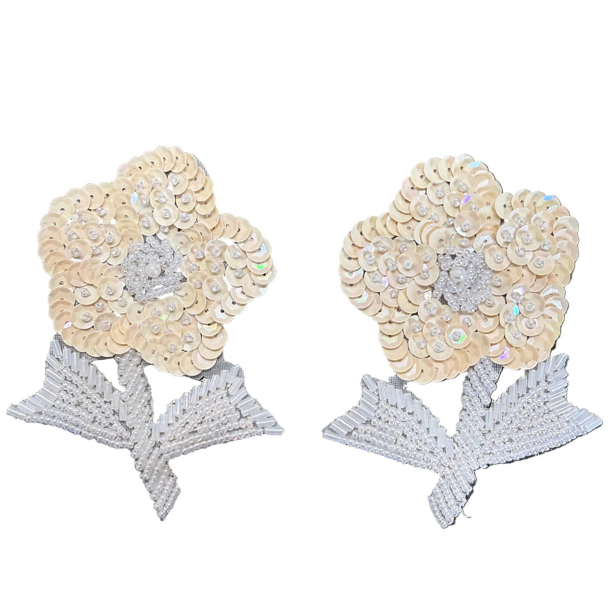 Flower Pair Appliqué - Beige Sequins - White Bugle and Glass Beads 4" x 3"