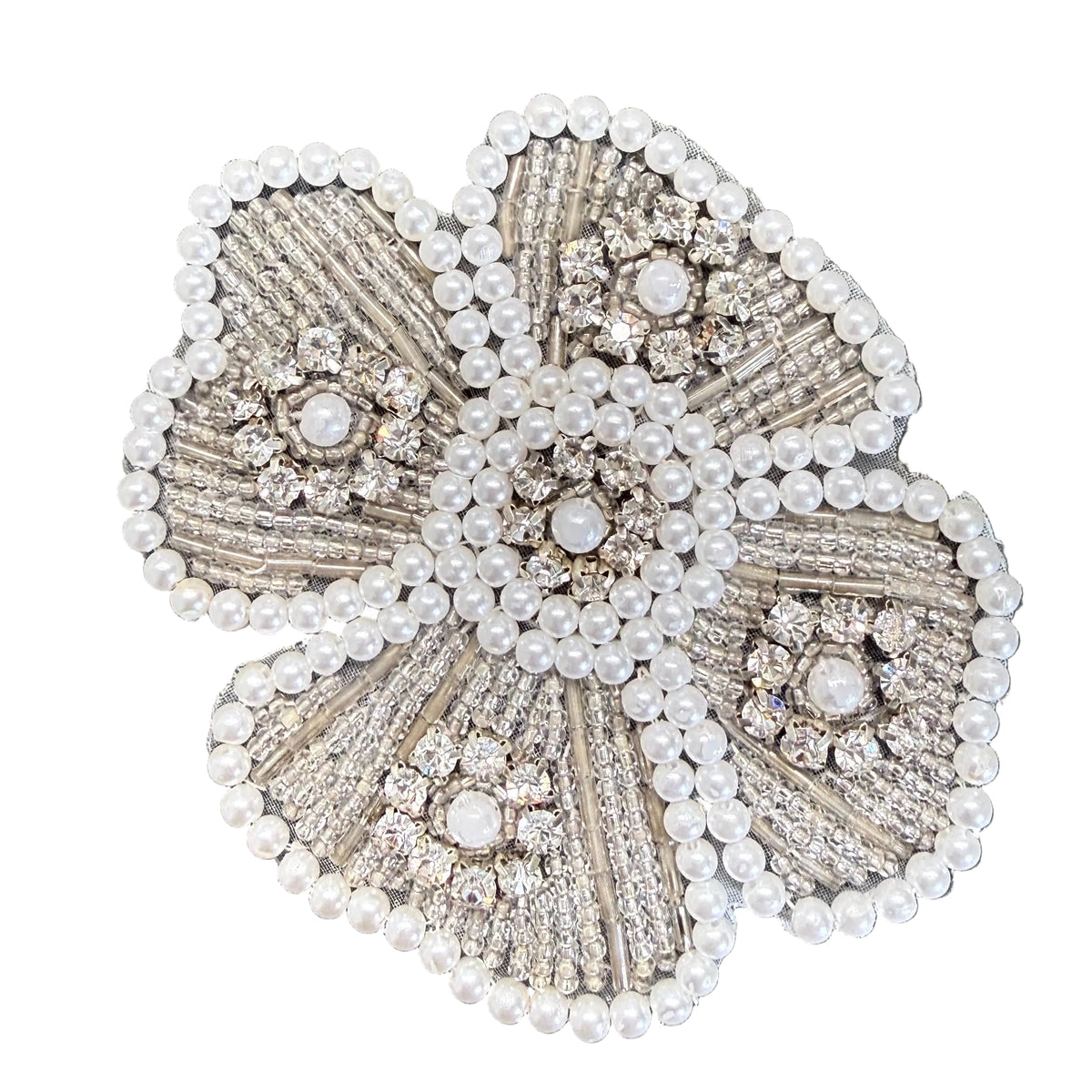 Flower Appliqué - Silver Glass Beads - Pearls - Rhinestones 4.5"