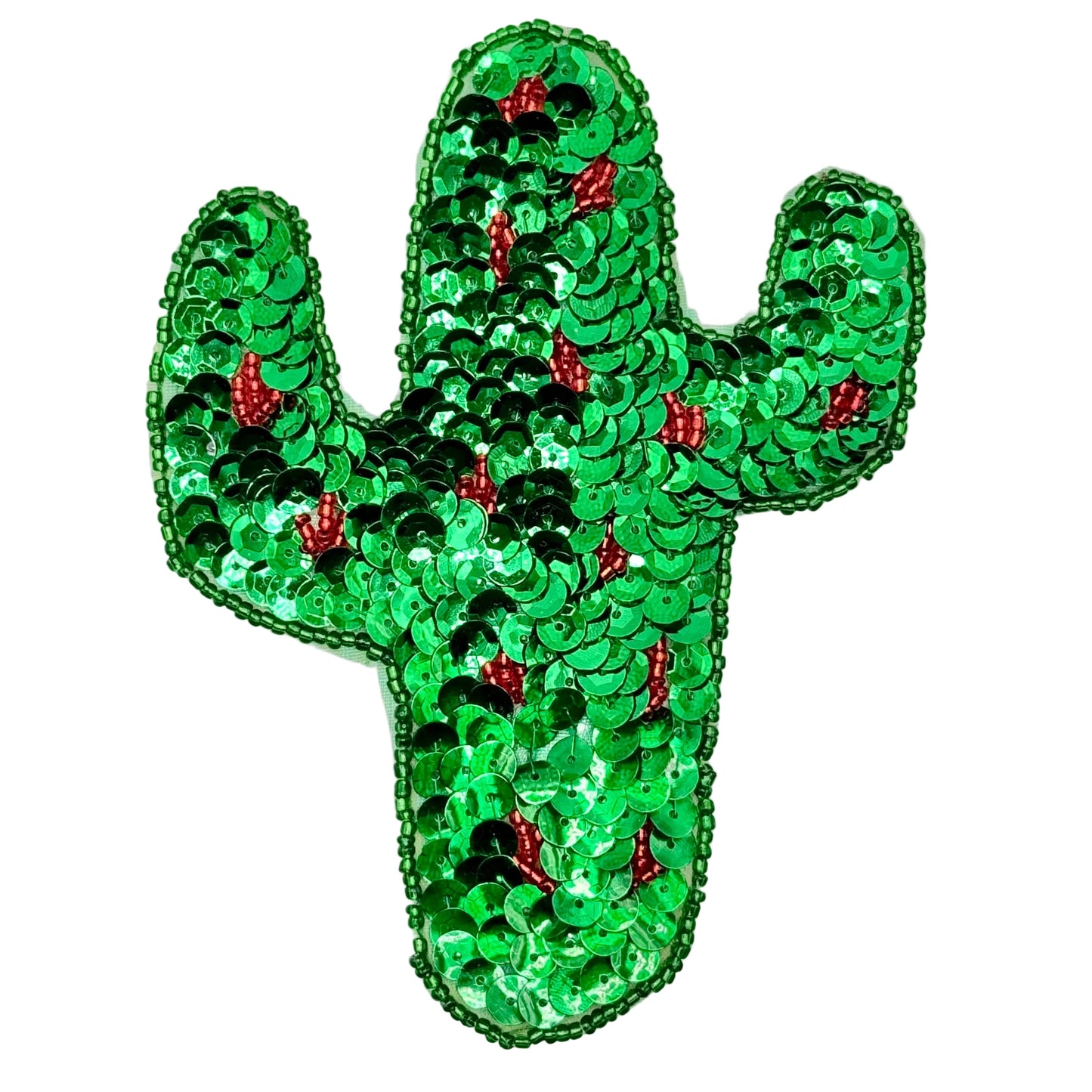 Aplique de cactus de tamaño a elegir con lentejuelas y abalorios verdes y rojos