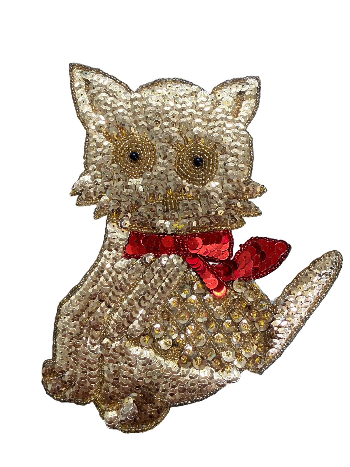 Gold Cat with Red Bow Sequin & Beaded Appliqué – 7.5" x 6"