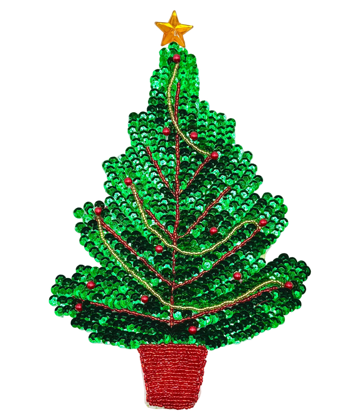 Decorative Christmas tree made of green sequins and red beads with a red base and gold star on a white background