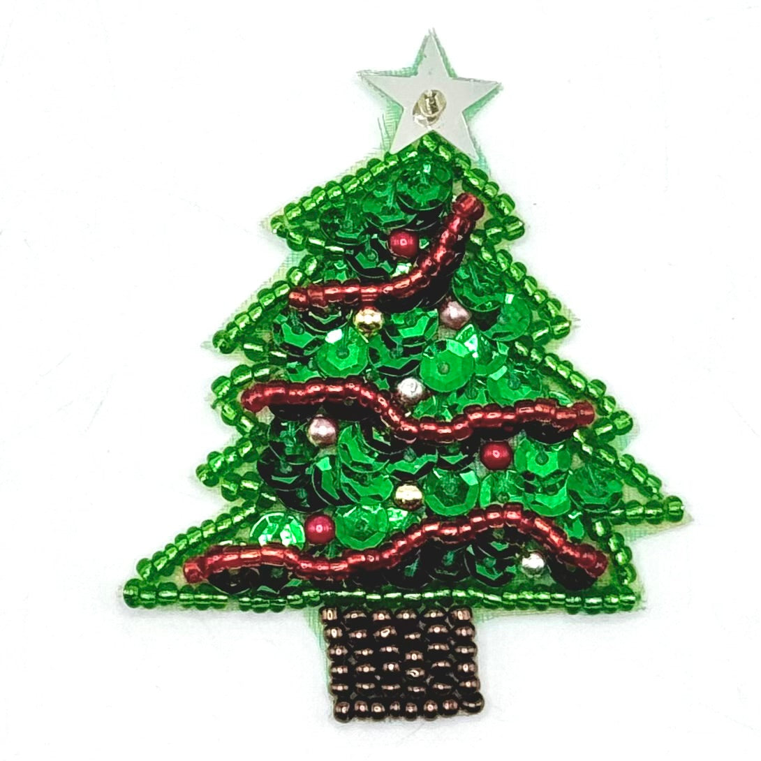 Decorated Christmas Tree Appliqué with Green Sequins and Red, Gold, Bronze and Silver Beads 2.5" X 2"