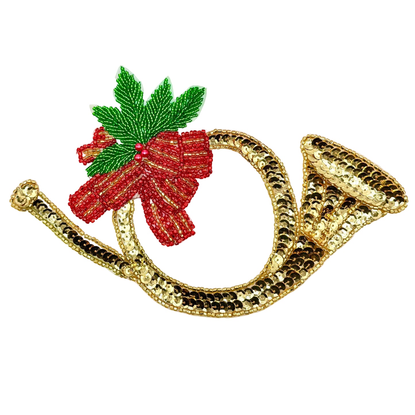 Decorative sequin Christmas horn patch with beaded red bow, and beaded green leaves on a white background