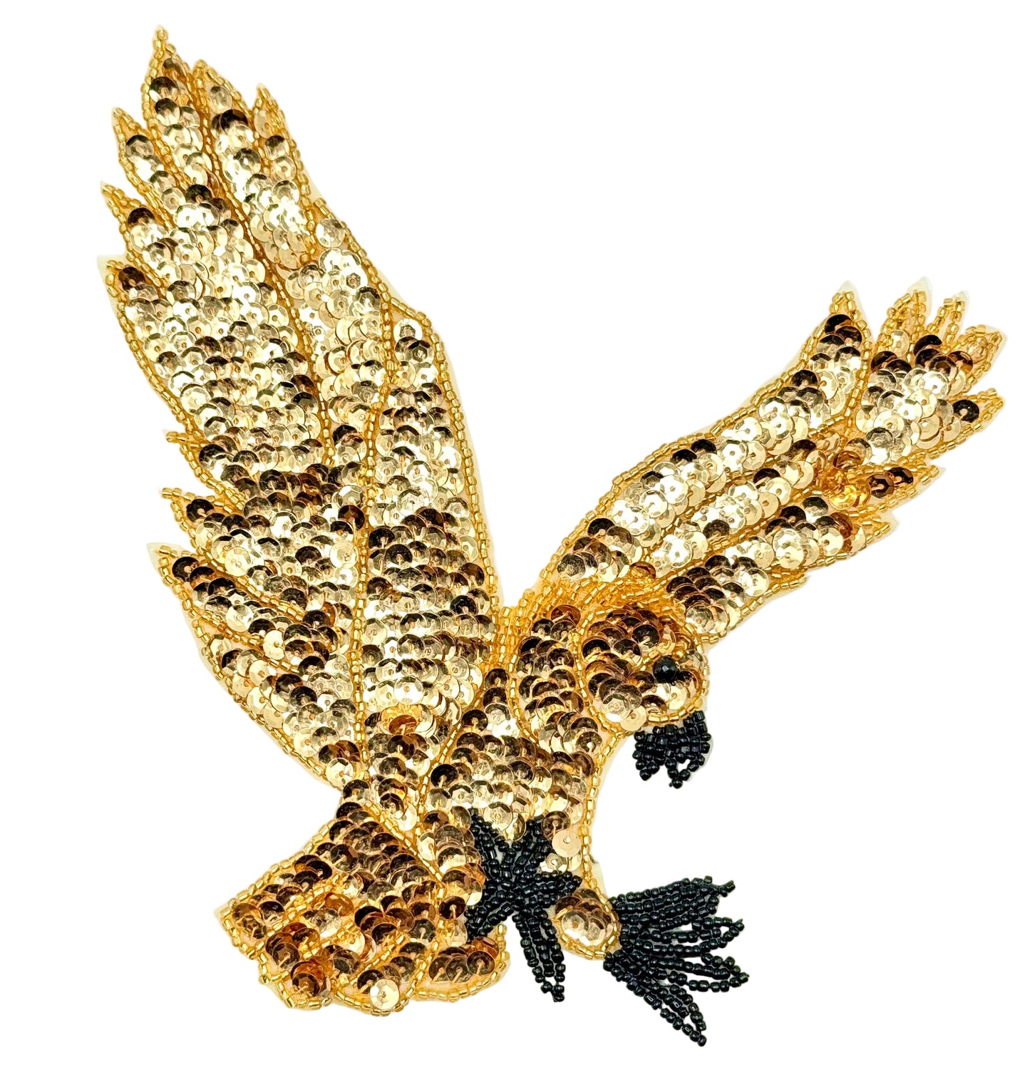 Gold and black beaded eagle design on a white background