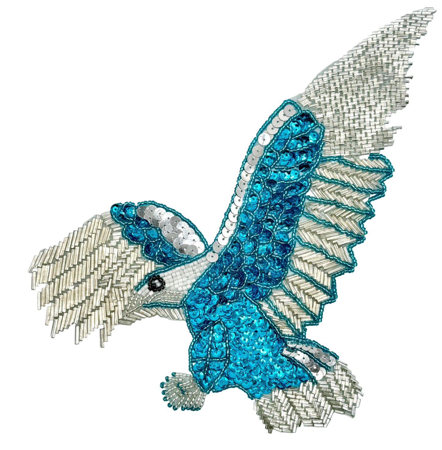 Decorative patch of an eagle with turquoise and silver design on a white background