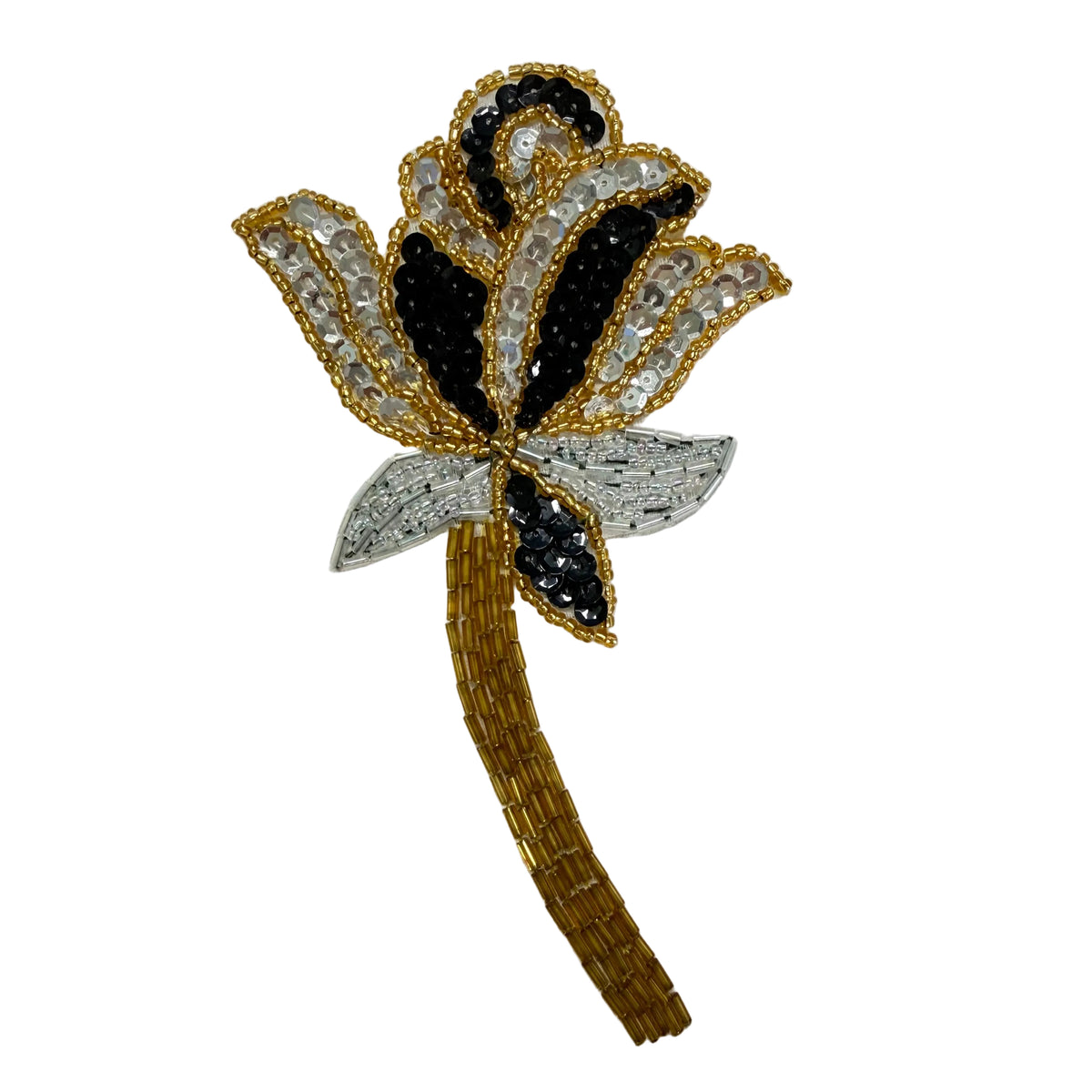Flor Rosa Lentejuelas Negras/Plateadas - Cuentas Plateadas/Doradas 6.25" x 3.5”
