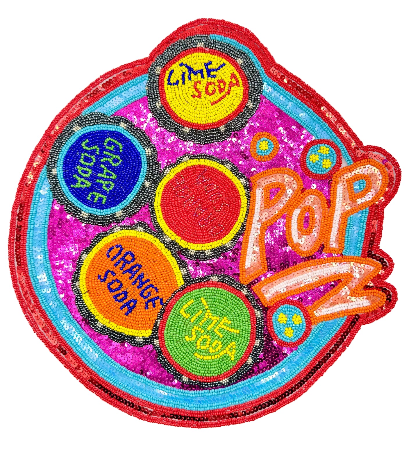Soda Appliqué Says "Pop" with Different Flavors - Multicolored Sequins - Glass Beads 11.75" x 11.75"