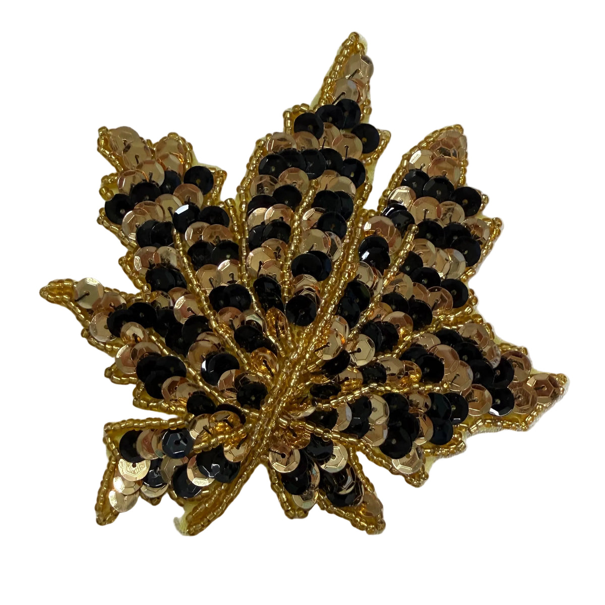 Black & Gold Sequin Leaf Appliqué with Gold Beads — 4.5" x 4.5"
