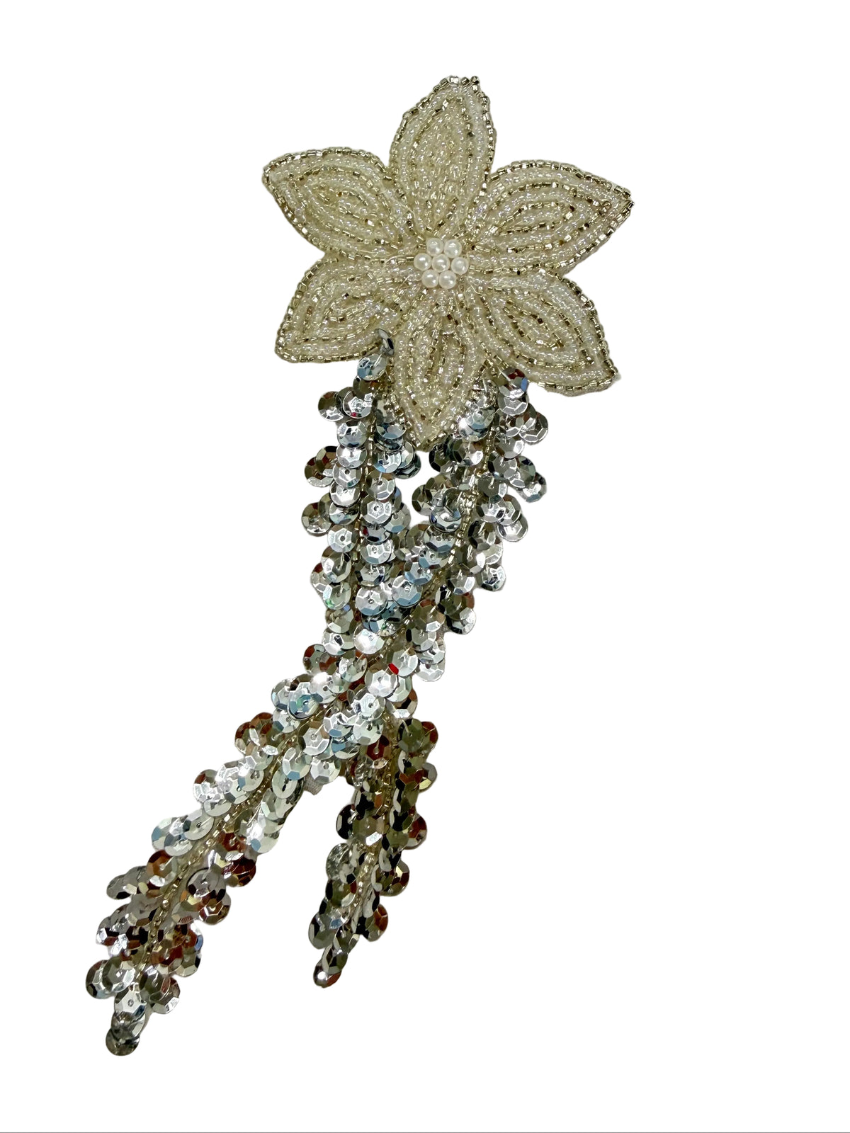 Flower & Sequin Branch Appliqué - Silver Beads - Seed Beads - Pearls 9" x 3.5"