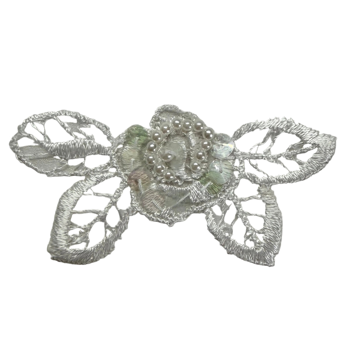Flower - White embroidery - Iridescent Sequins - Pearl Beads 3.5” x 1.75”