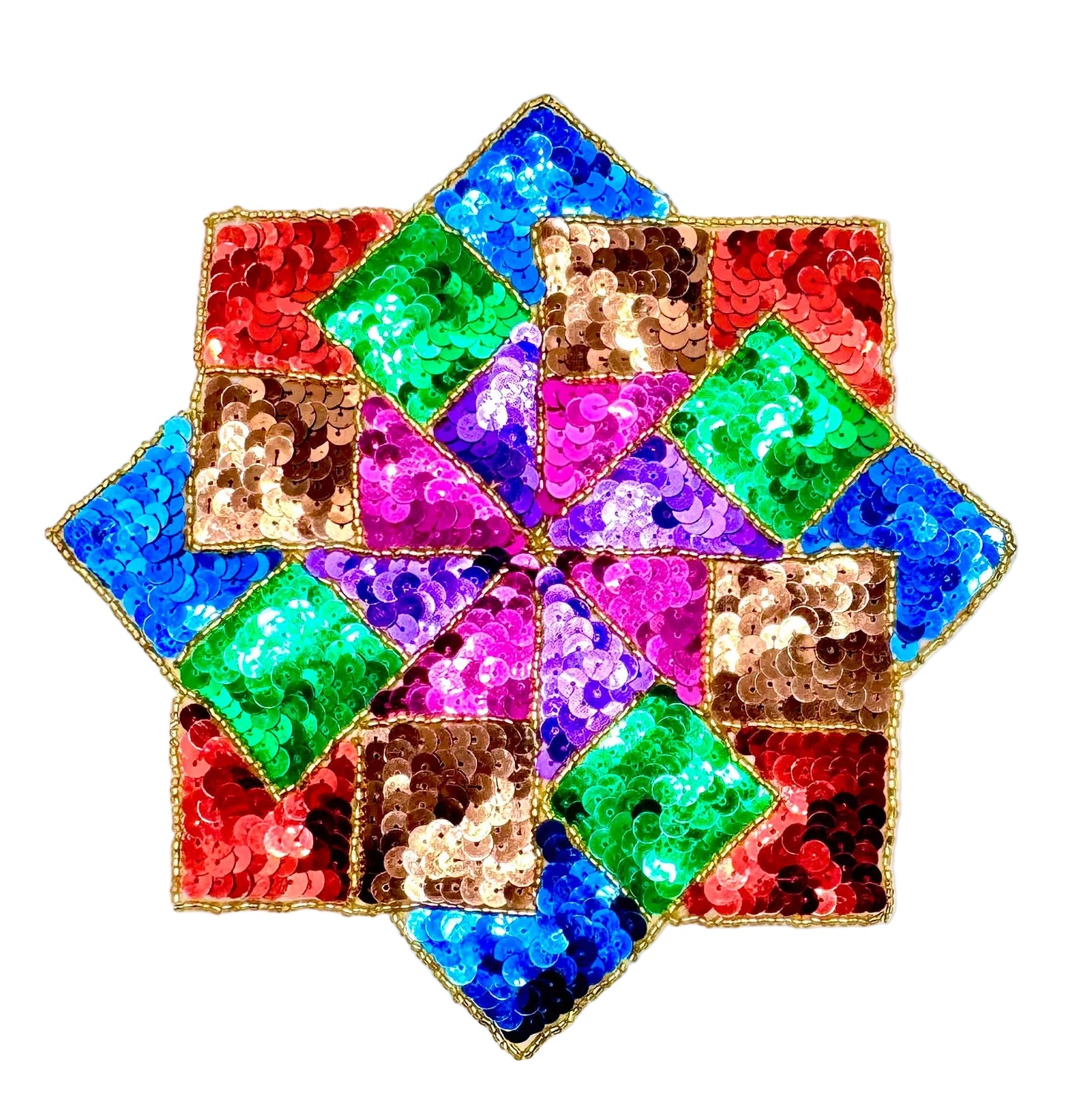 Multicolored sequin patch with a geometric pattern on a white background