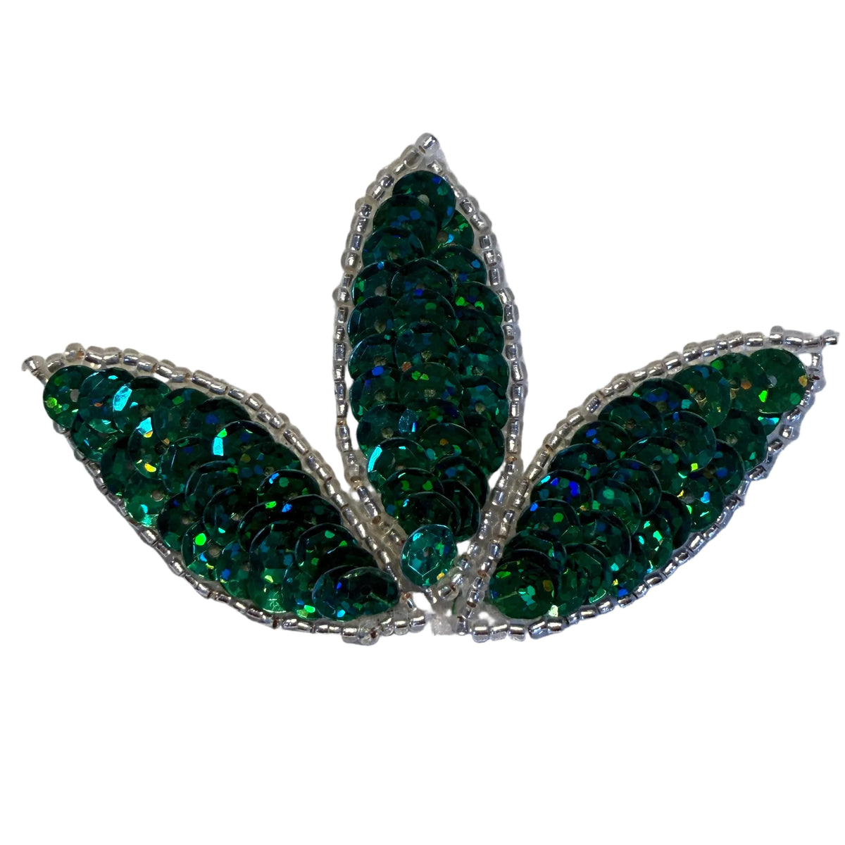 Green Sequin Leaf Appliqué with Silver Beads, 3.25"